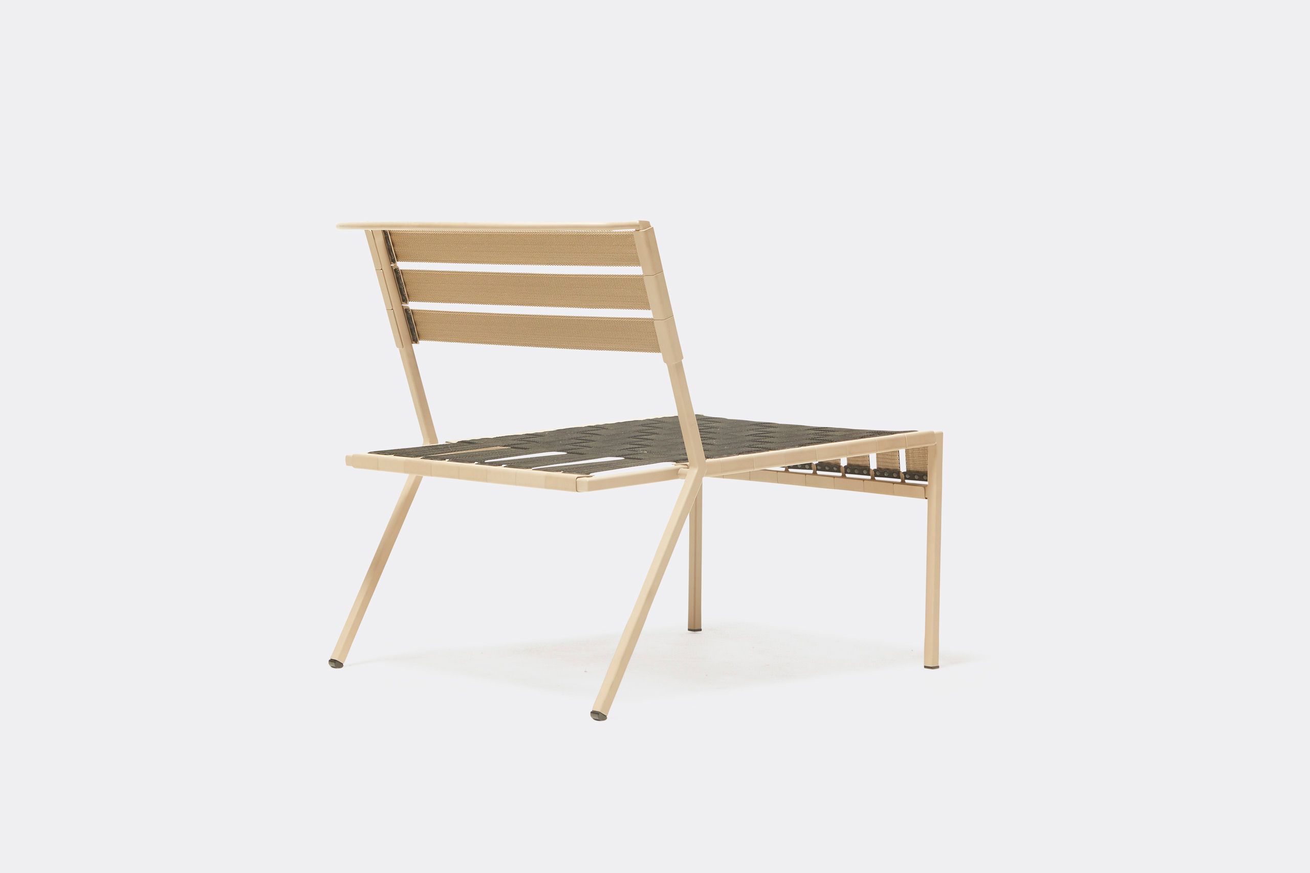 a steel chair with tan powdercoat finish and black interwoven webbing on the seat and back shown on a white background .