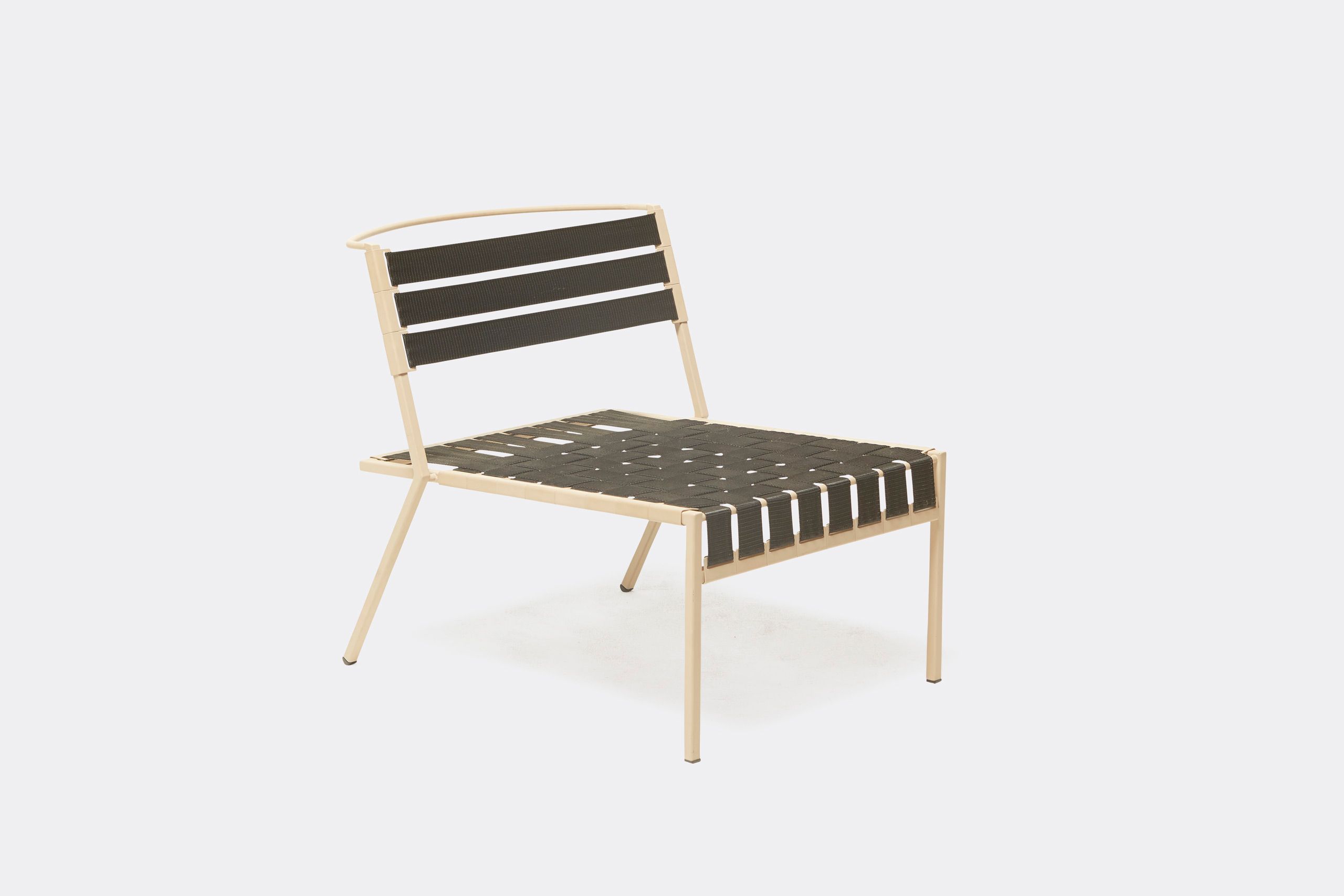 a steel chair with tan powdercoat finish and black interwoven webbing on the seat and back shown on a white background .