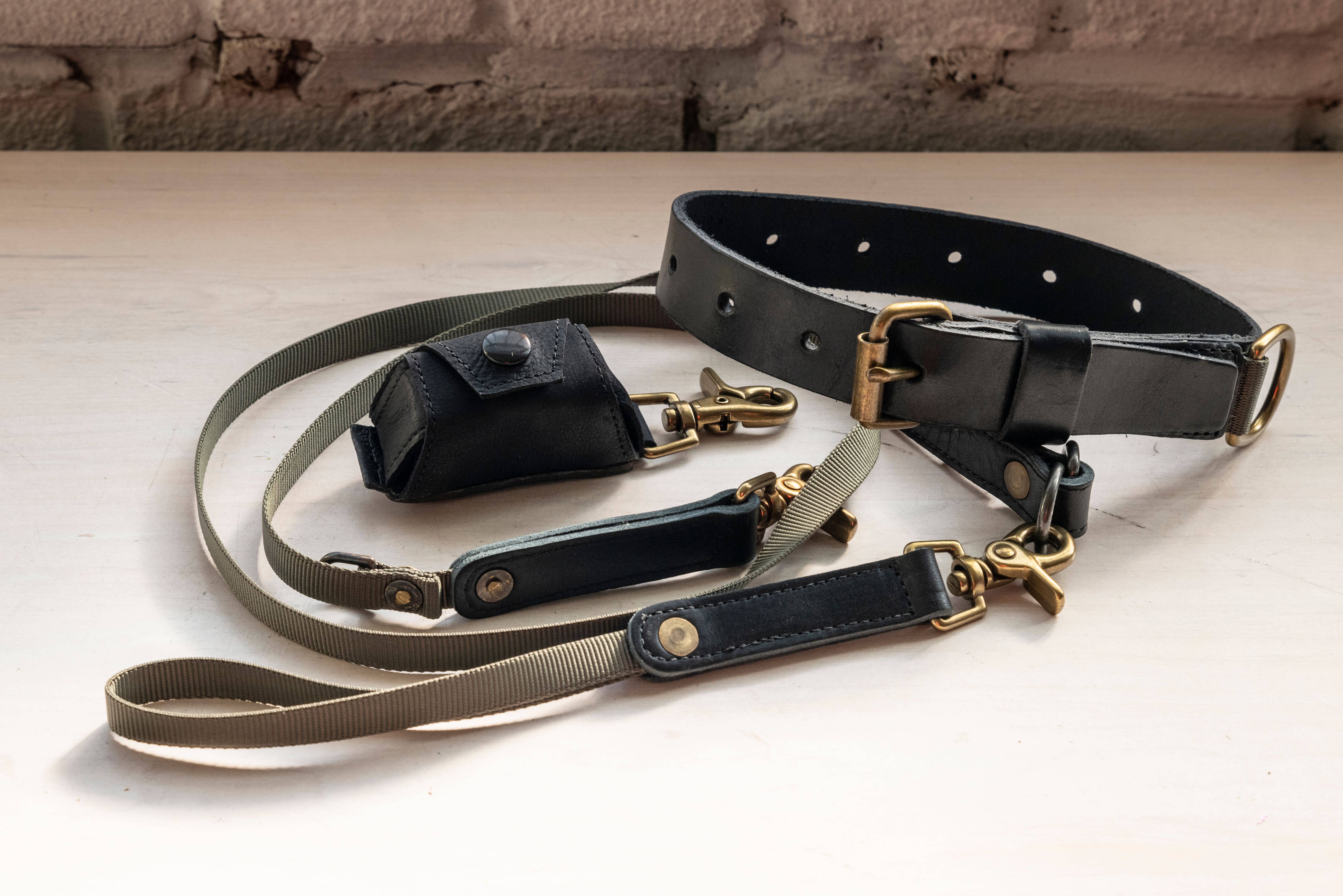 Black leather dog collar, olive green leash, and waste bag dispenser with brass hardware.