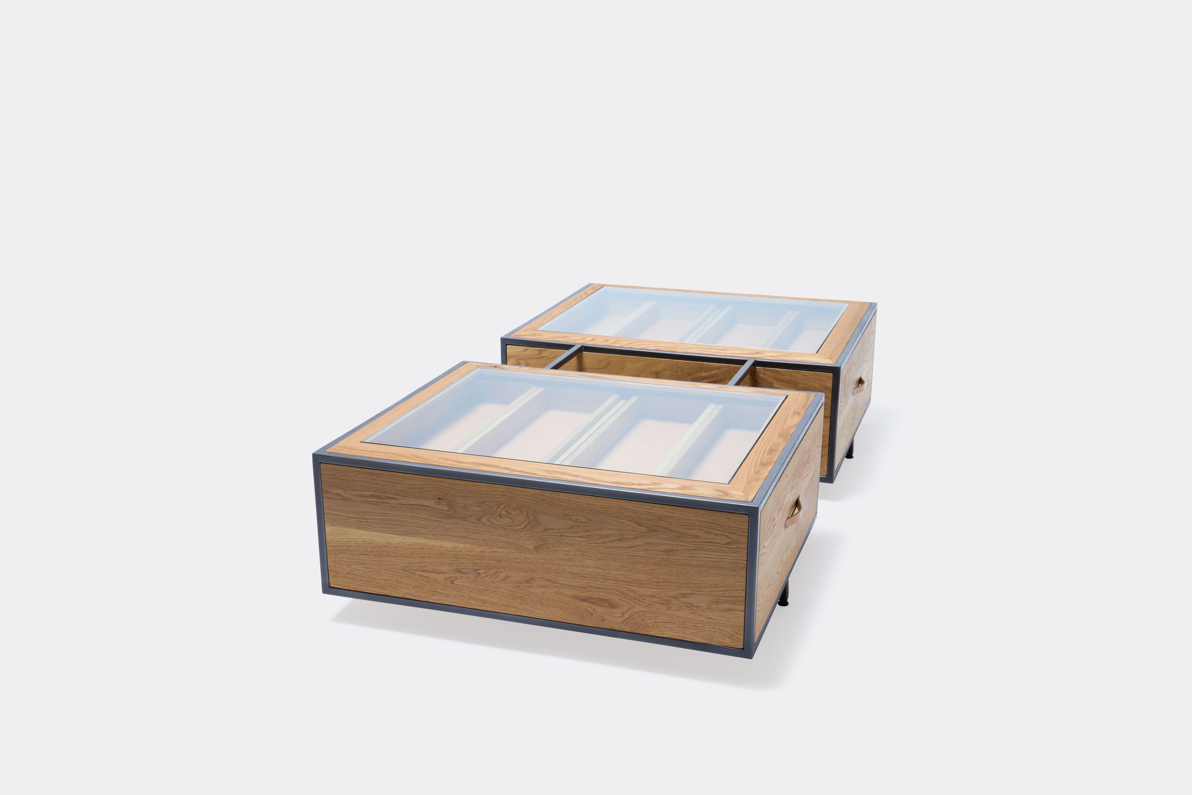 double display coffee table with white oak wood, blackened steel metal and glass top