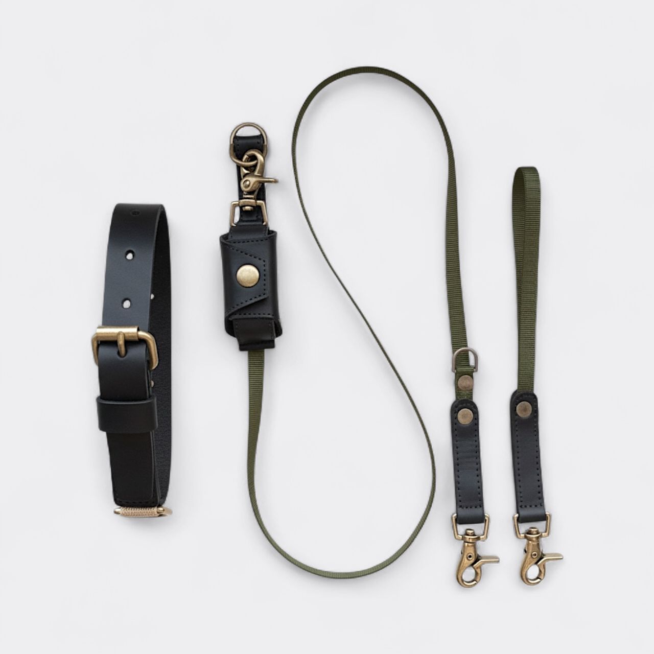 Black leather dog collar and olive green convertible dog leash with brass hardware.