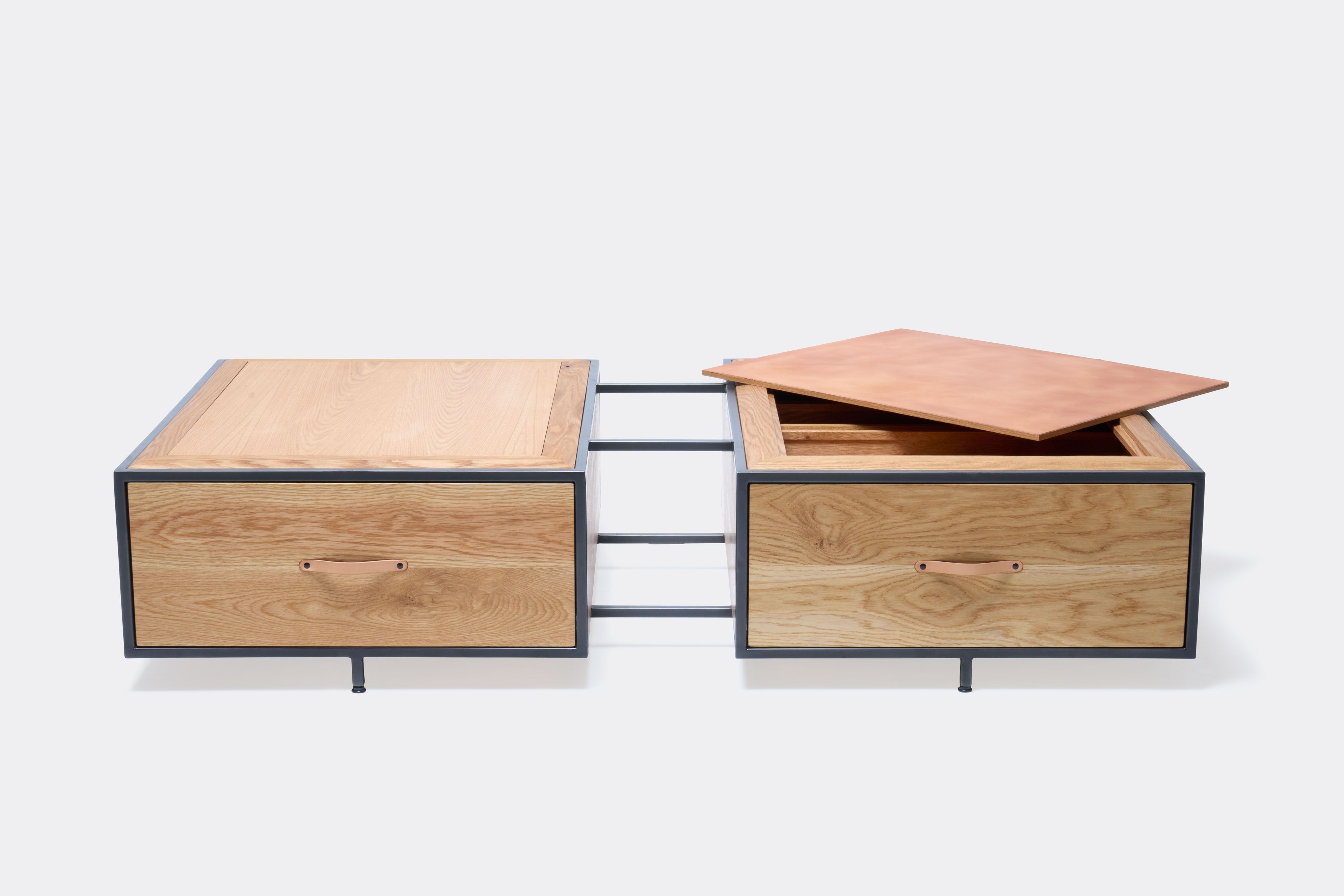 double display coffee table with white oak wood, blackened steel metal and leather top