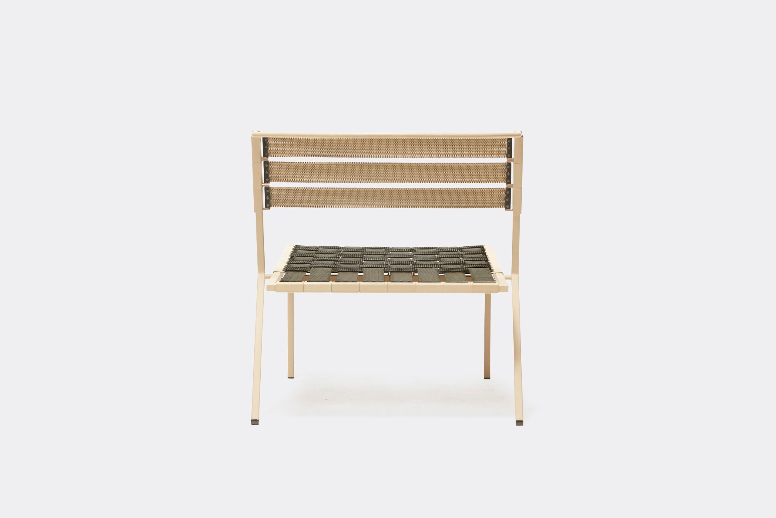 a steel chair with tan powdercoat finish and black interwoven webbing on the seat and back shown on a white background .