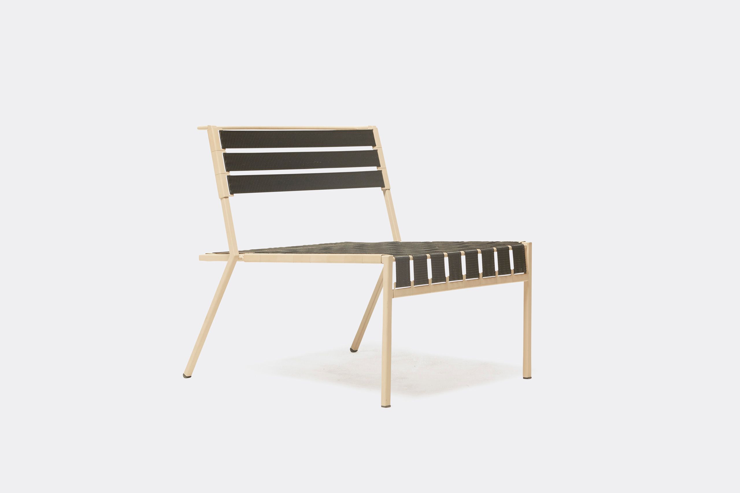 a steel chair with tan powdercoat finish and black interwoven webbing on the seat and back shown on a white background .