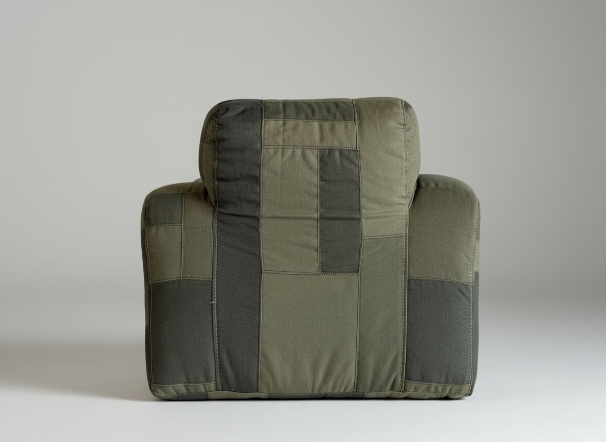 Padded armchair with dark and olive green patchwork fabric.