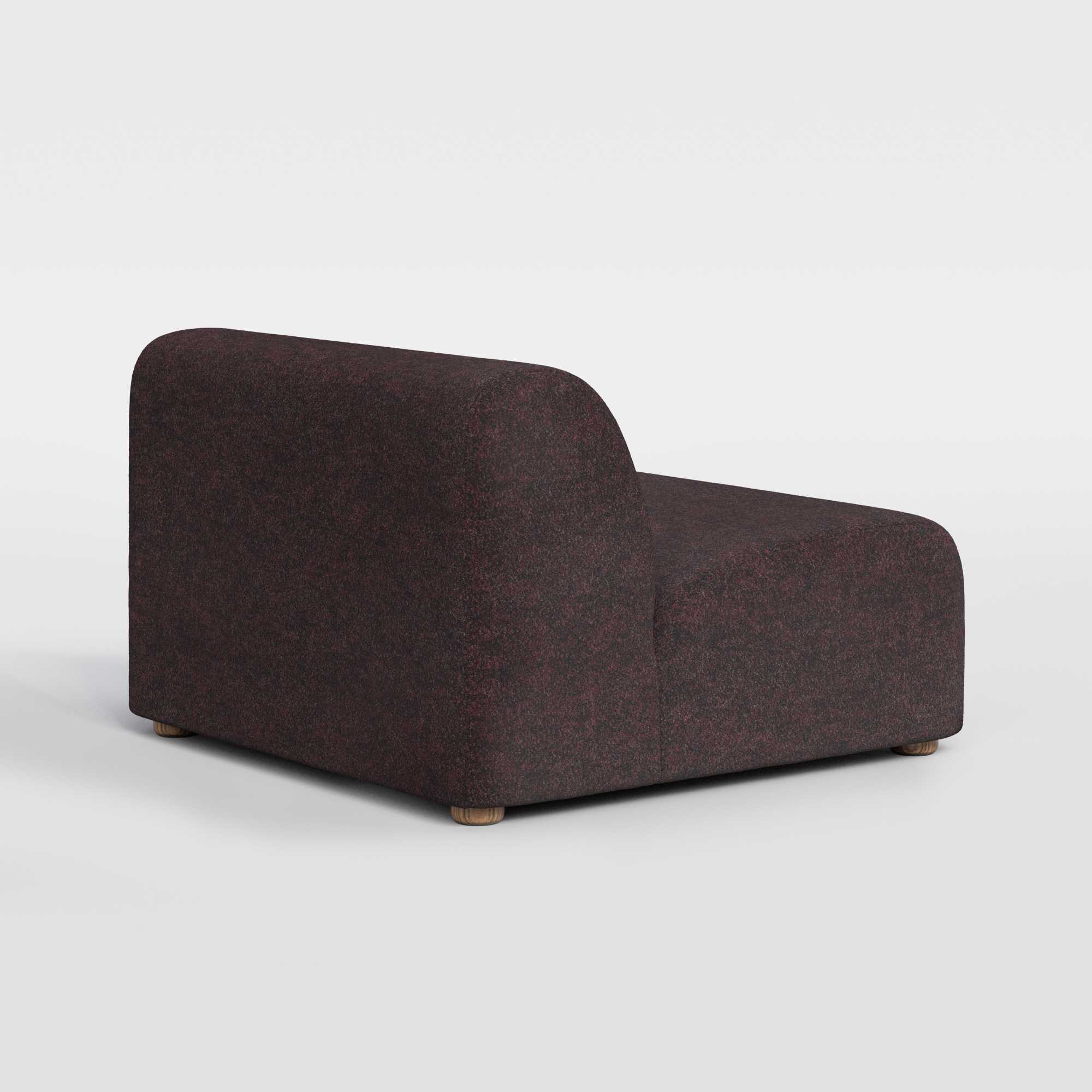 Dark burgundy speckled fabric modular armchair with a rounded backrest and light wood feet.
