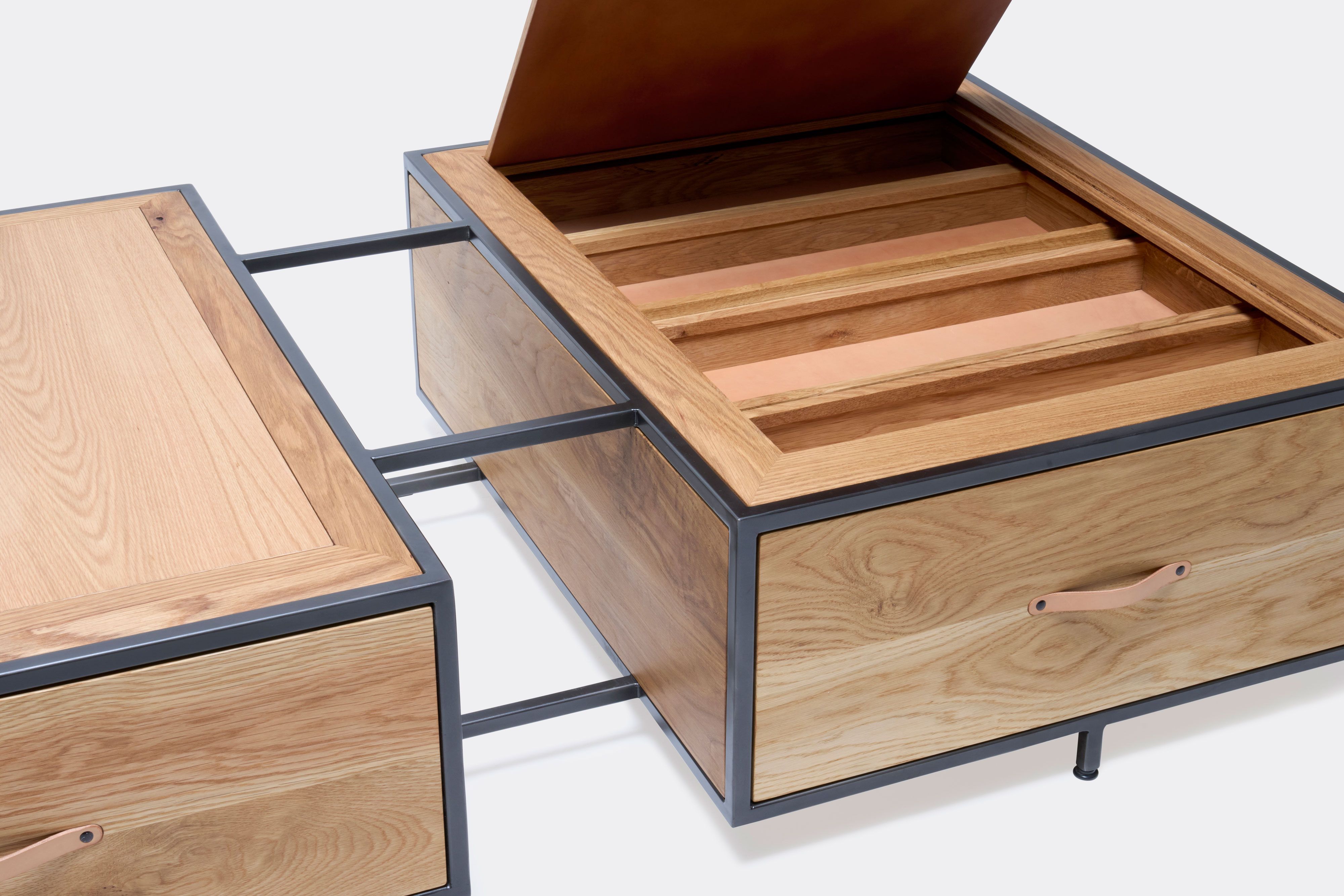 detail of double display coffee table with white oak wood, blackened steel metal and wood top