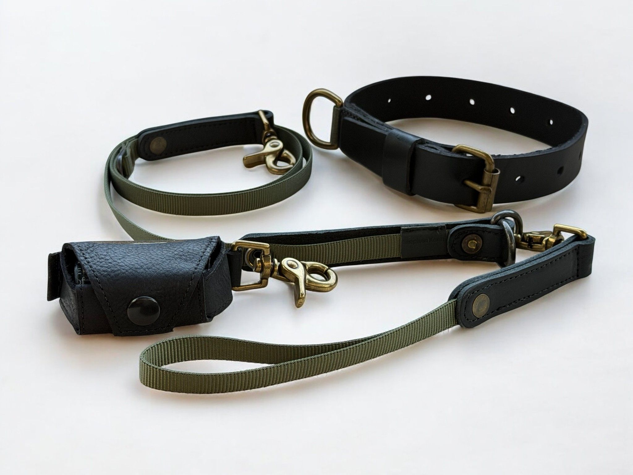 A black leather and olive green dog collar, leash, and poop bag dispenser with brass-toned hardware.