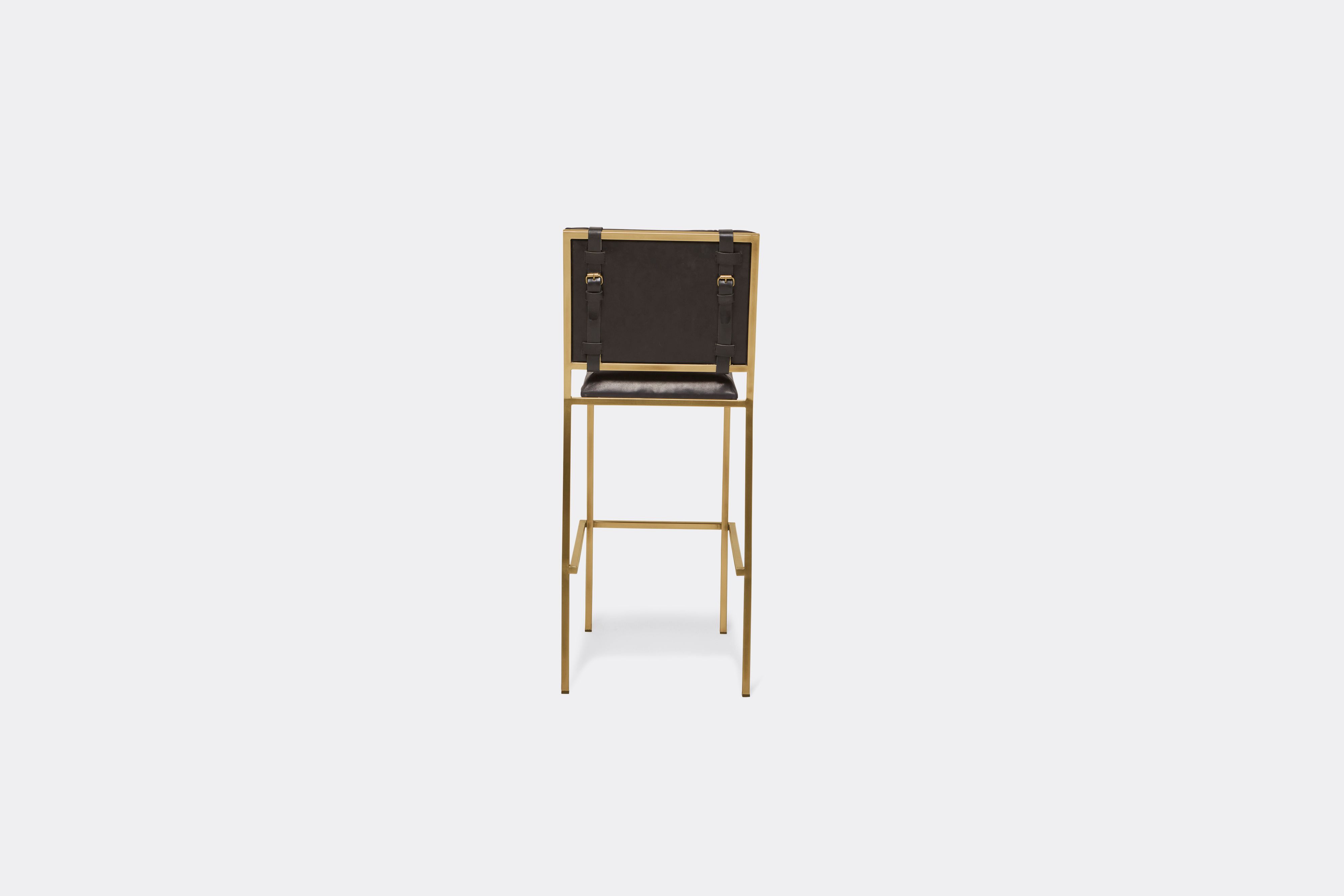 Back view of black leather barstool with antique brass metal frame