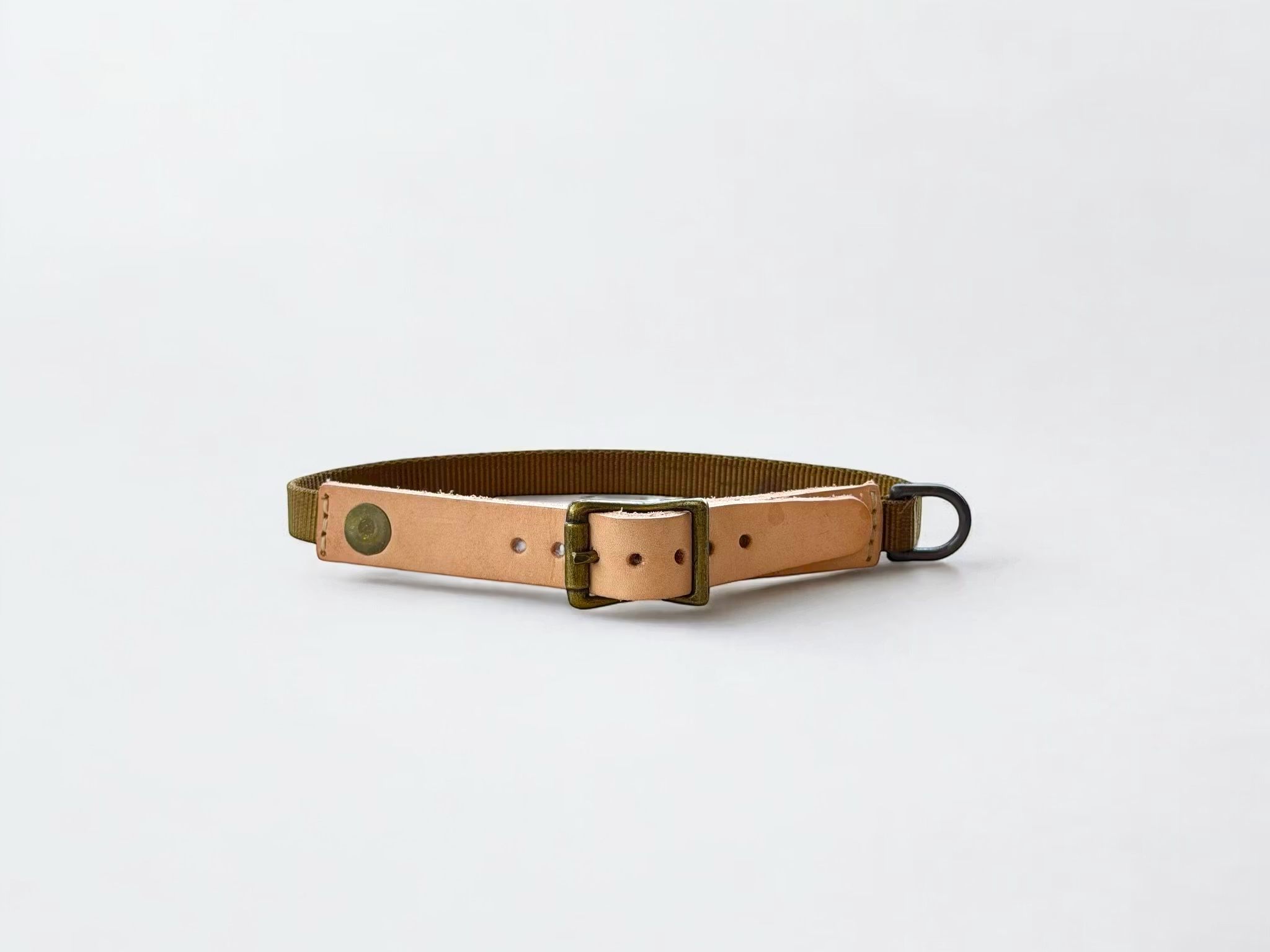 brown nylon dog collar with natural leather trim, a brass buckle, and a black D-ring.