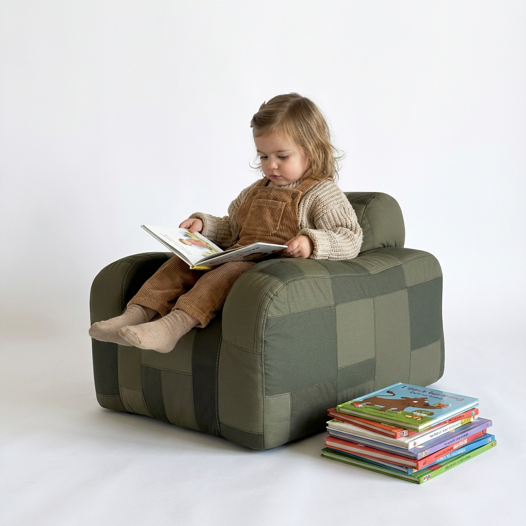 A young child in a green patchwork armchair reads a book, with a stack of books on the floor beside them.
