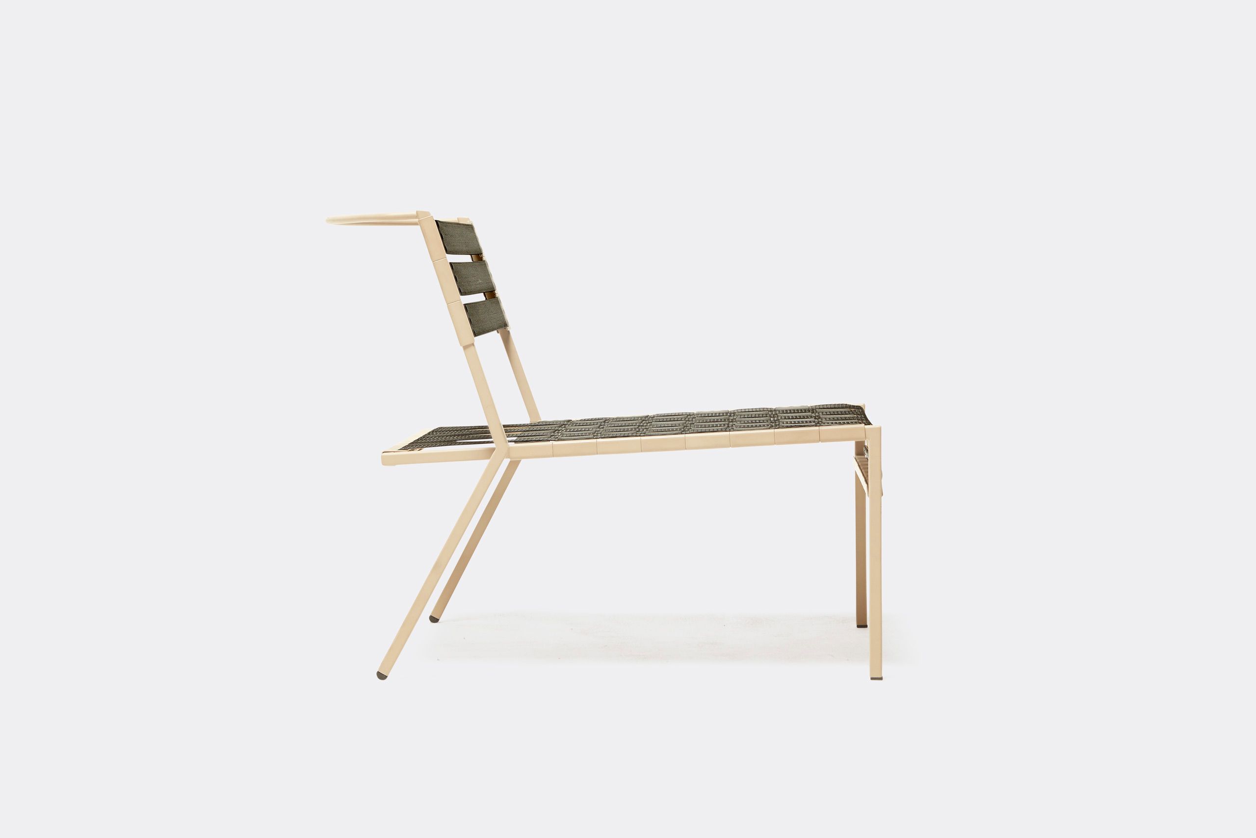 a steel chair with tan powdercoat finish and black interwoven webbing on the seat and back shown on a white background .