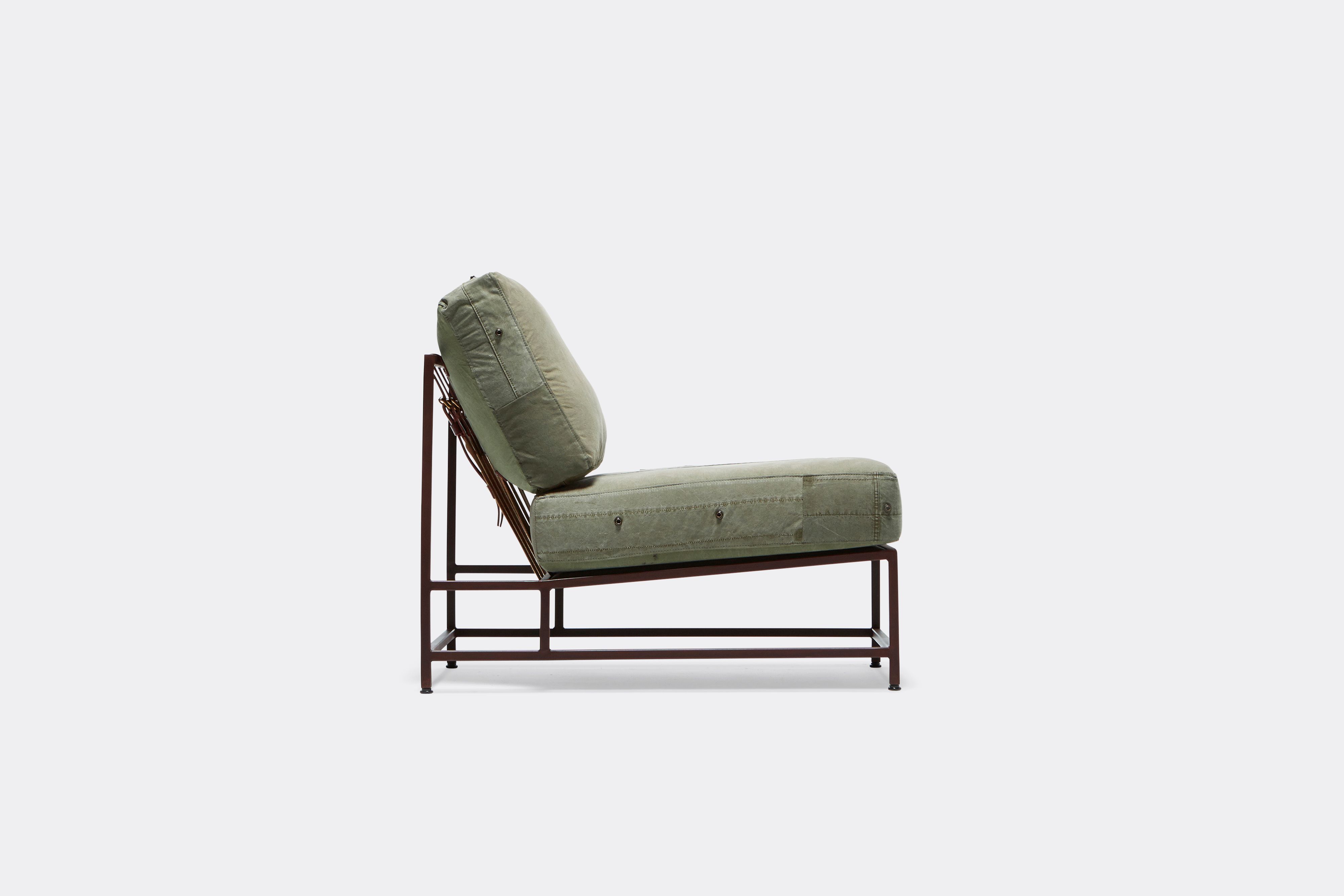 side view of military canvas chair with marbled rust frame