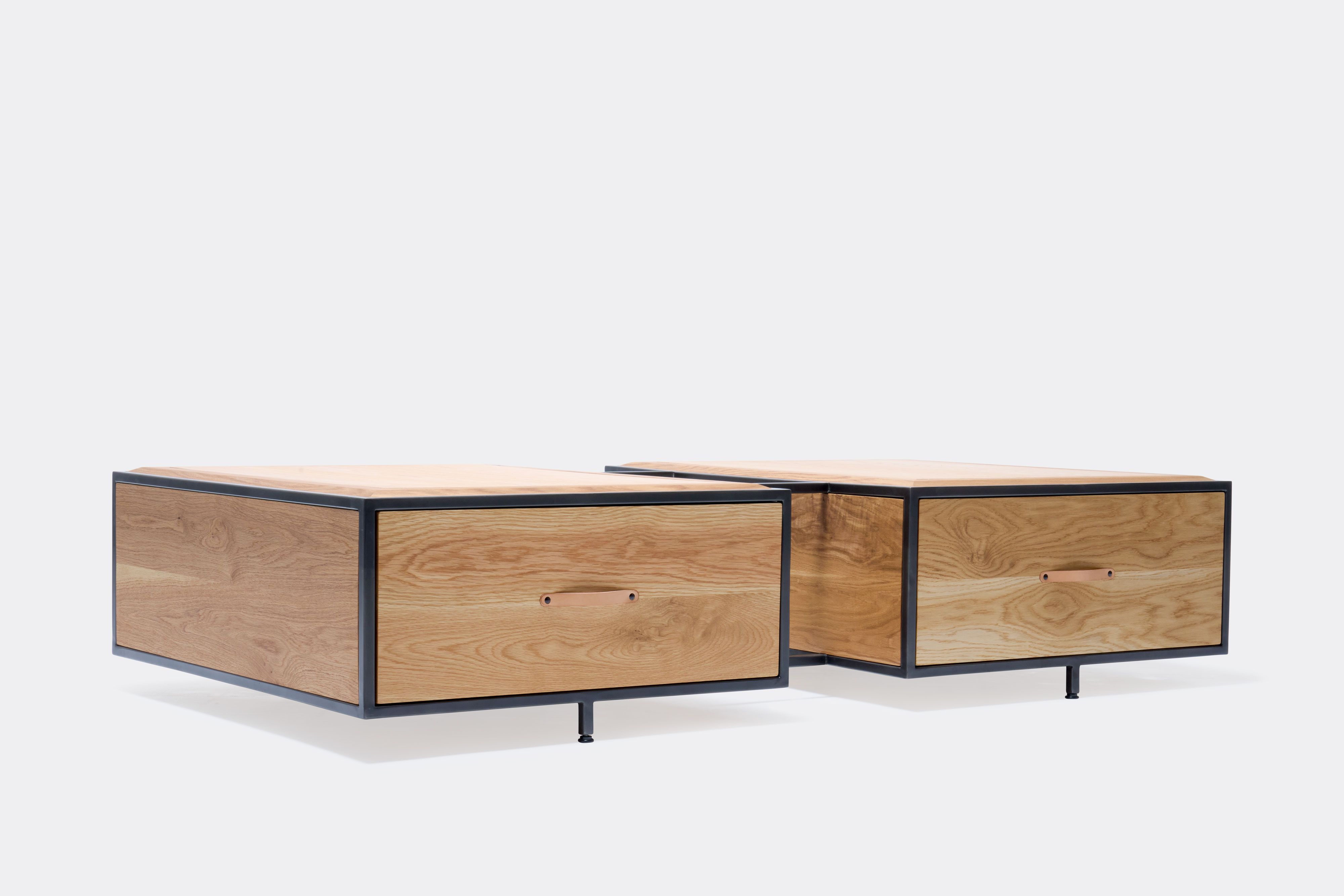 double display coffee table with white oak wood, blackened steel metal and wood top