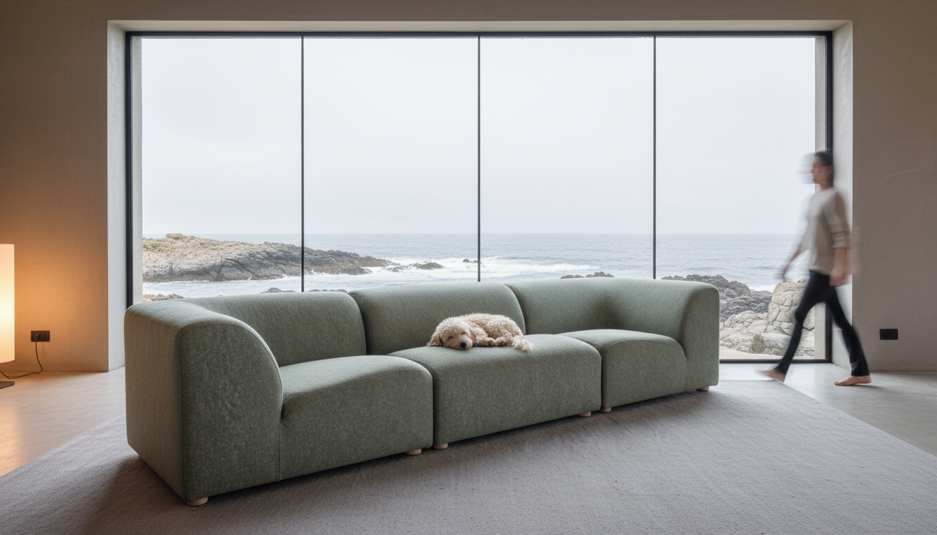 A dog sleeps on a light green modular sofa in front of a large window overlooking a rocky ocean coast, with a person walking by.