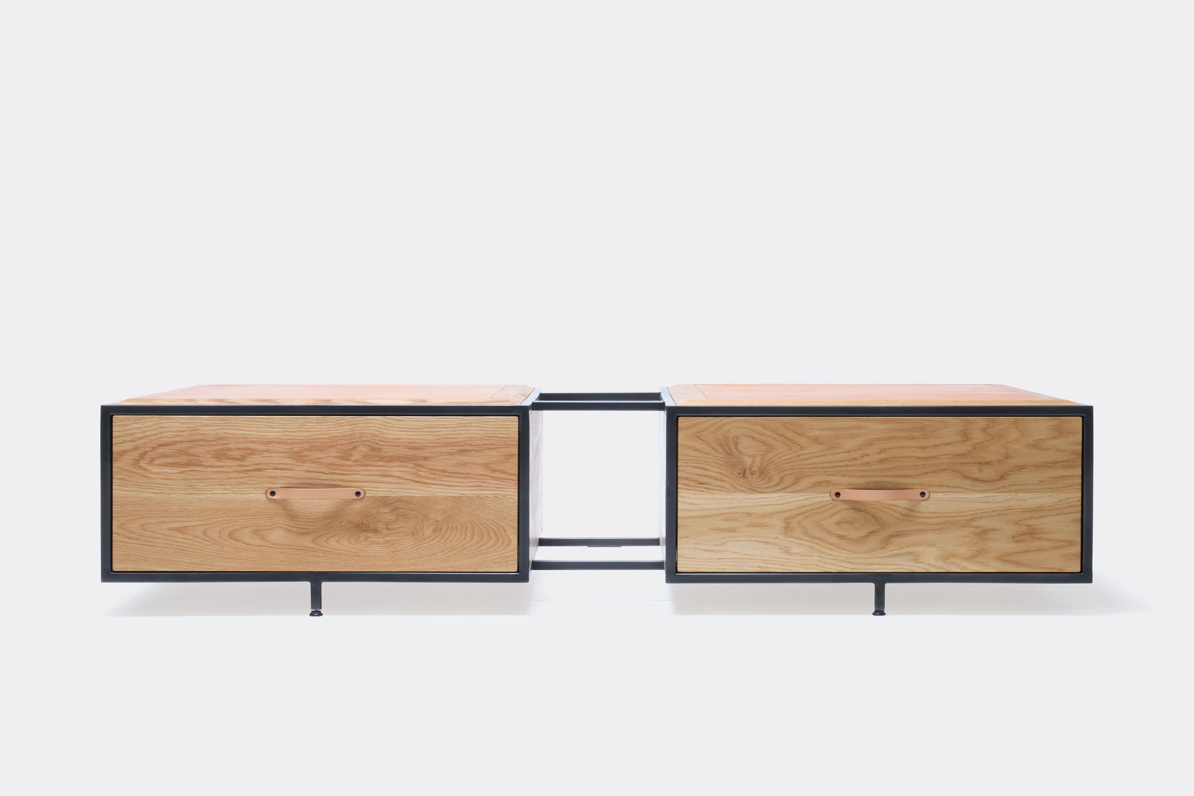 double display coffee table with white oak wood, blackened steel metal and leather top