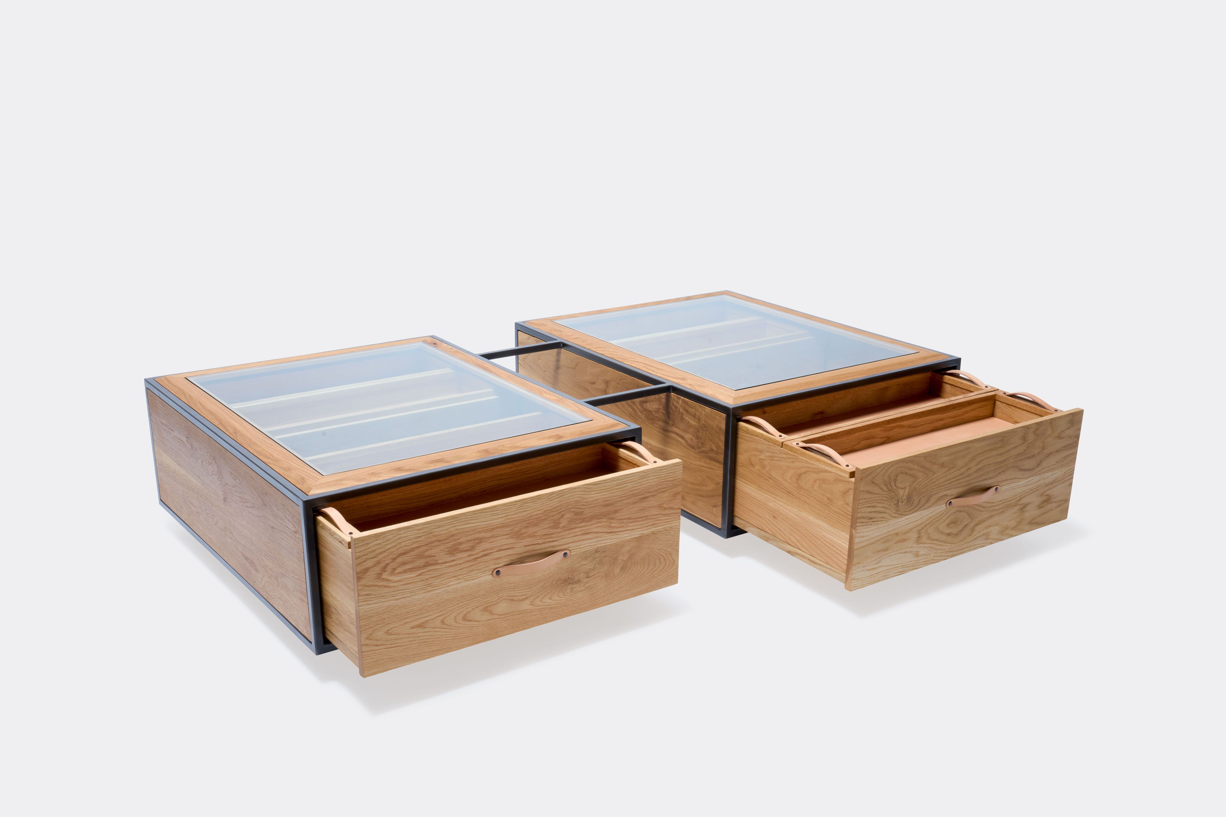 double display coffee table with white oak wood, blackened steel metal and glass top