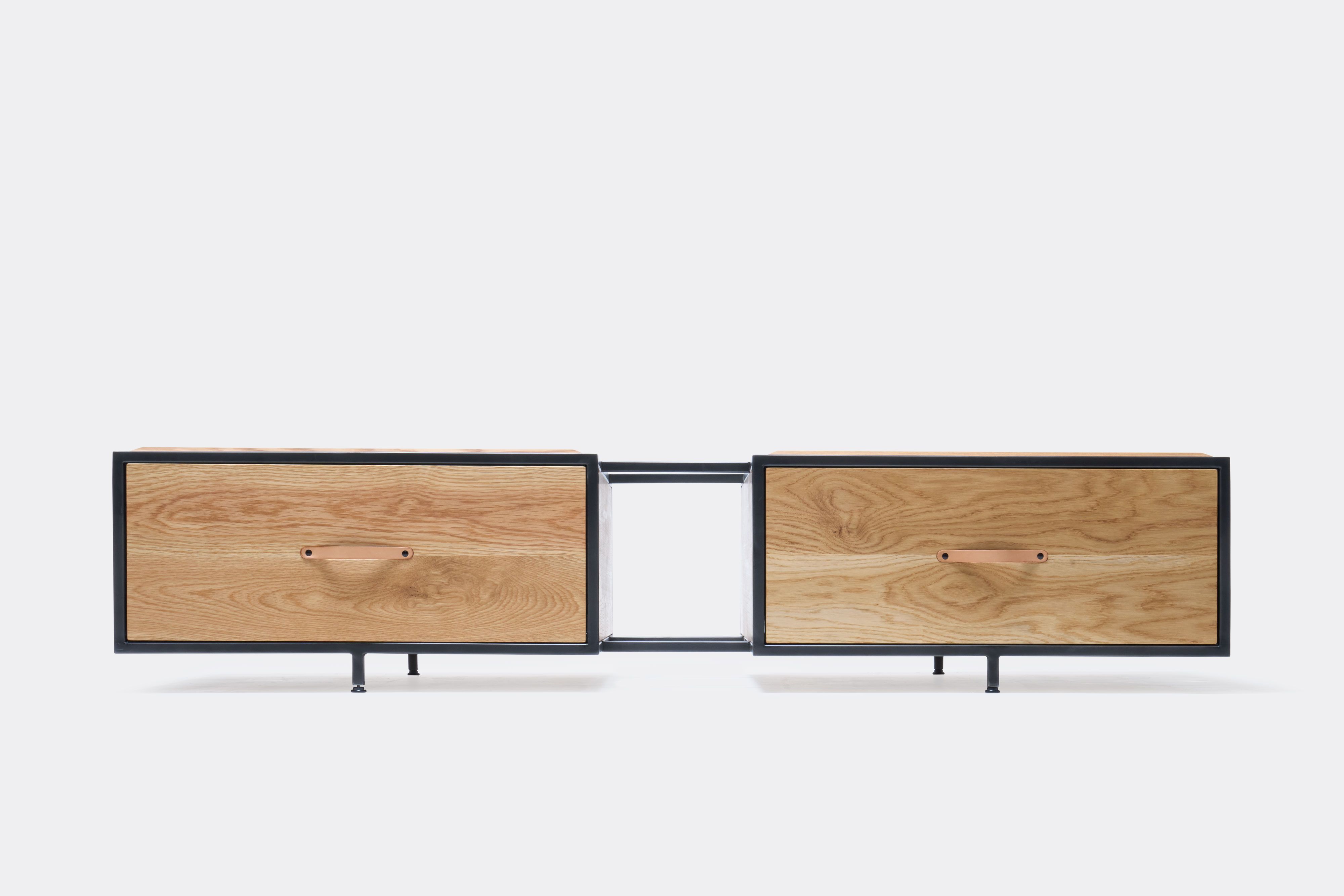 double display coffee table with white oak wood, blackened steel metal and leather top
