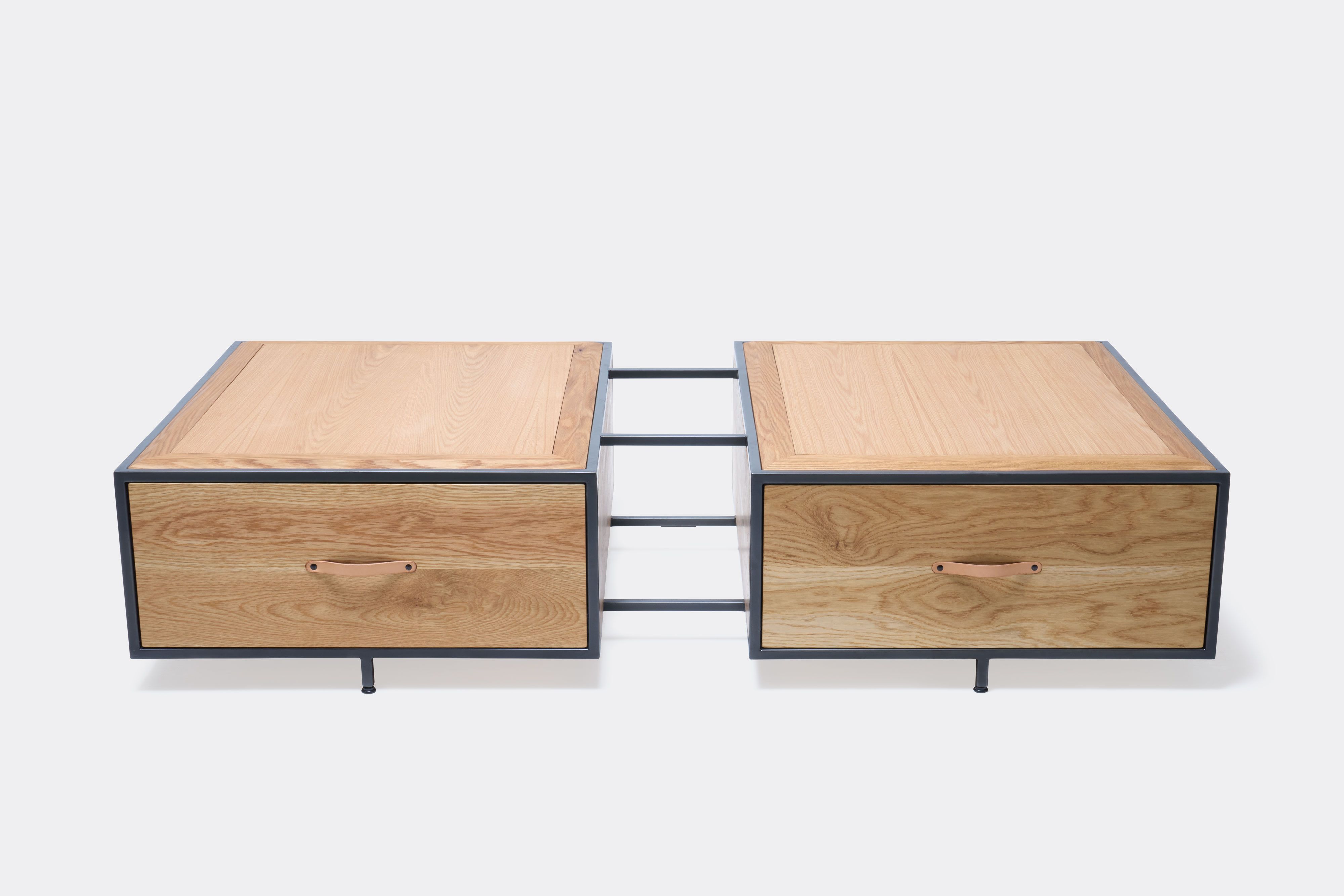 double display coffee table with white oak wood, blackened steel metal and wood top