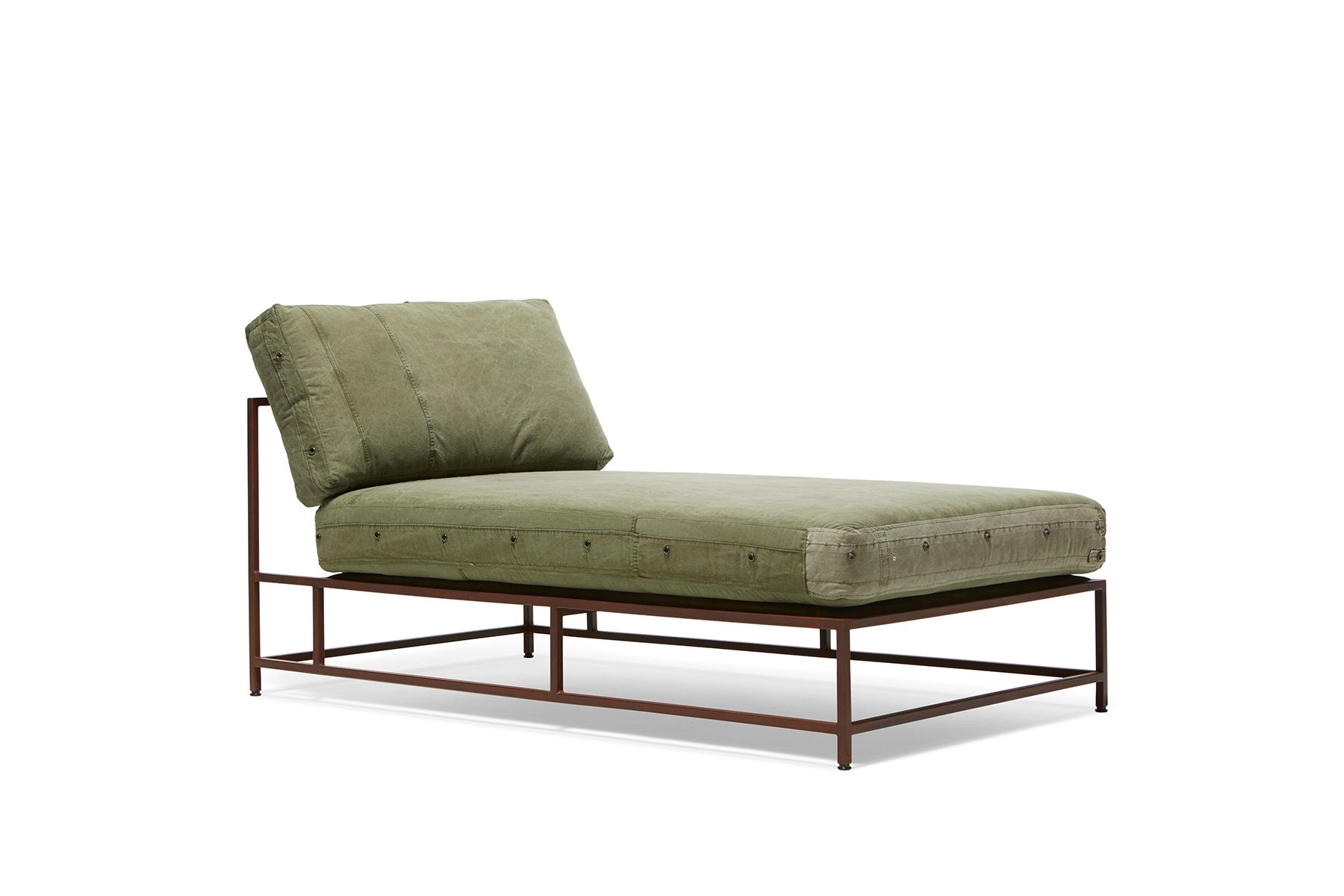 a green canvas and brown finished steel frame chaise lounge with brown leather supporting belts shown on a white background