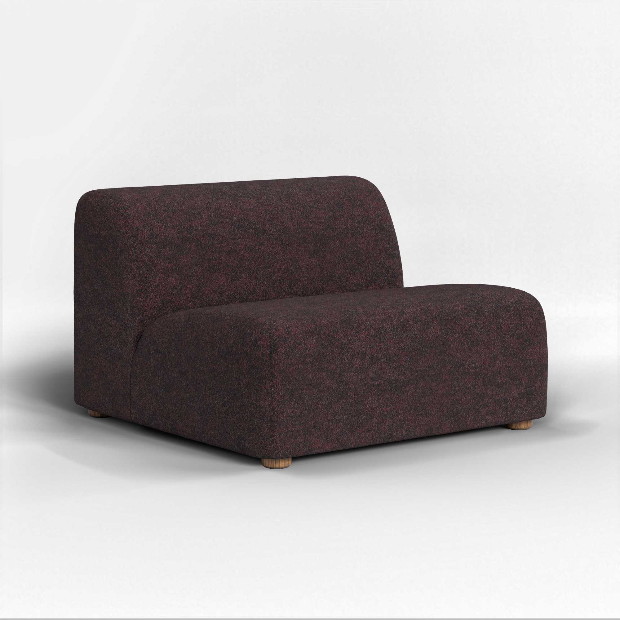 Dark burgundy textured modular lounge chair with rounded edges, on wooden feet.