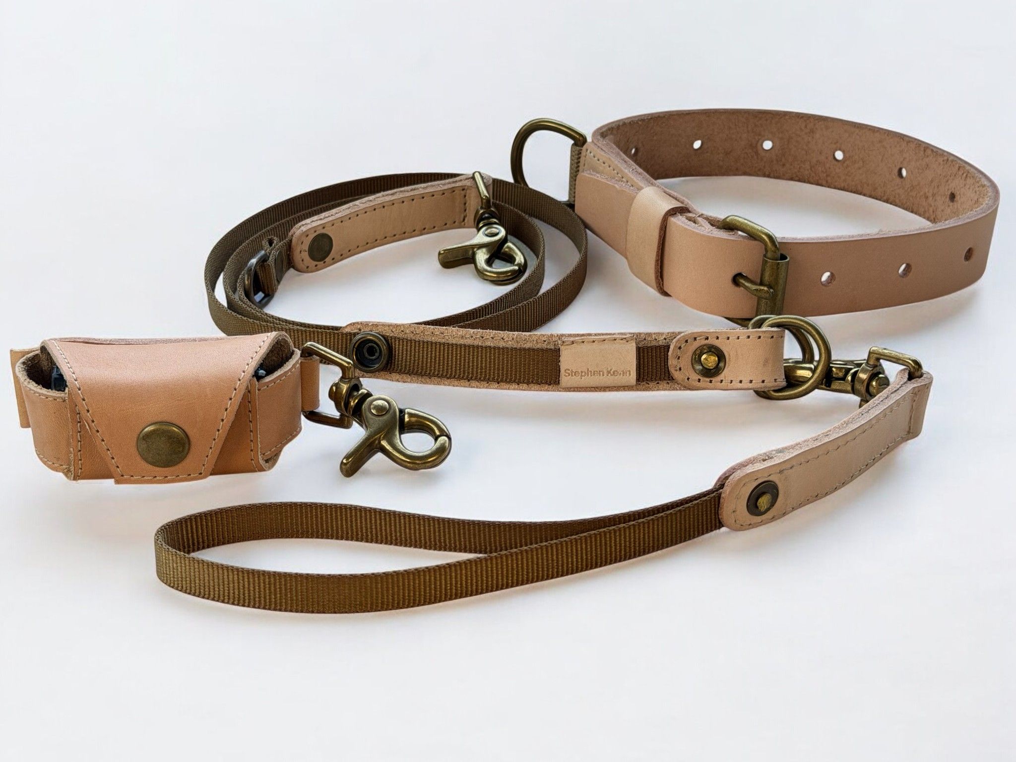 Natural leather and brown webbing dog collar, leash, and poop bag holder with brass hardware.