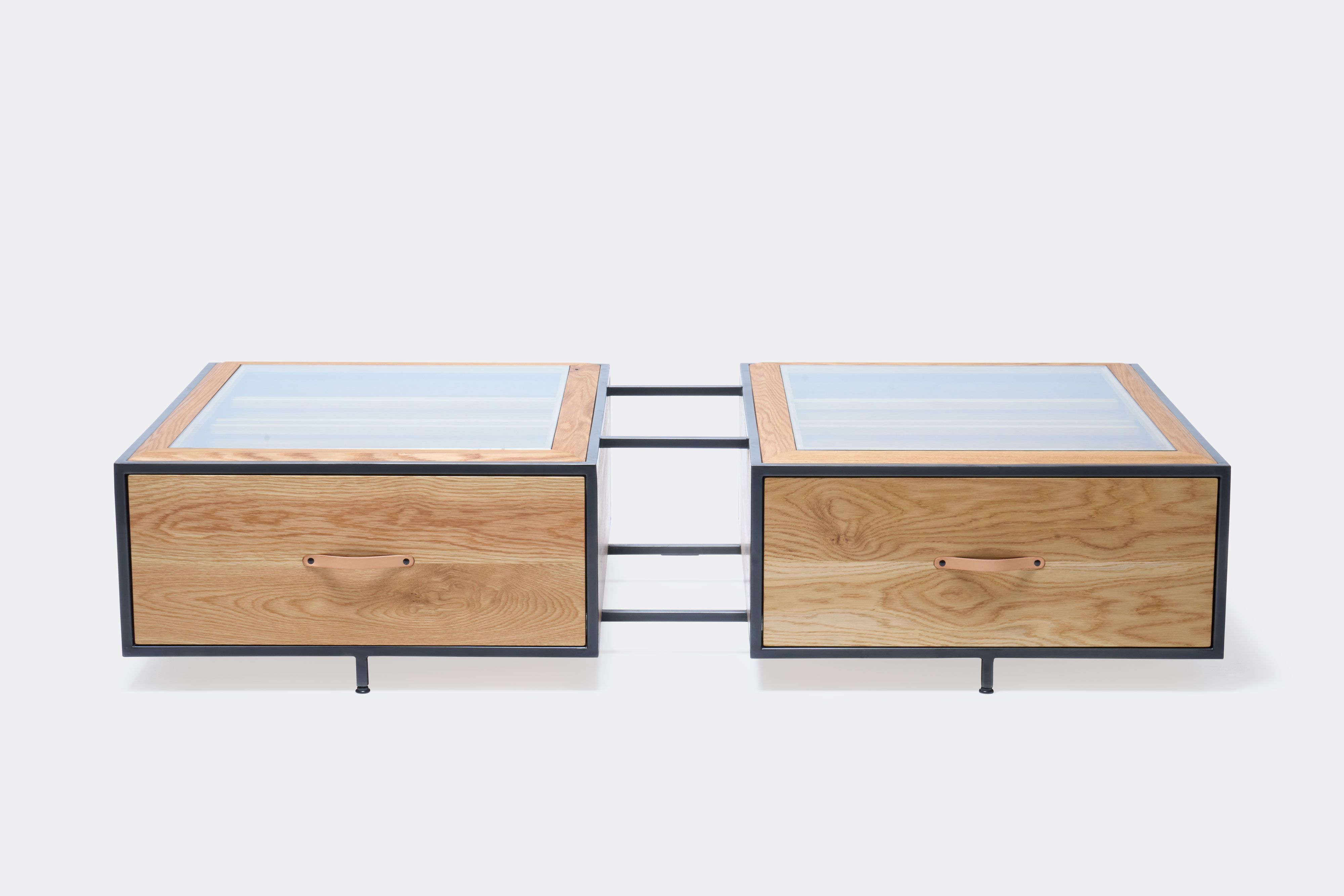 double display coffee table with white oak wood, blackened steel metal and glass top