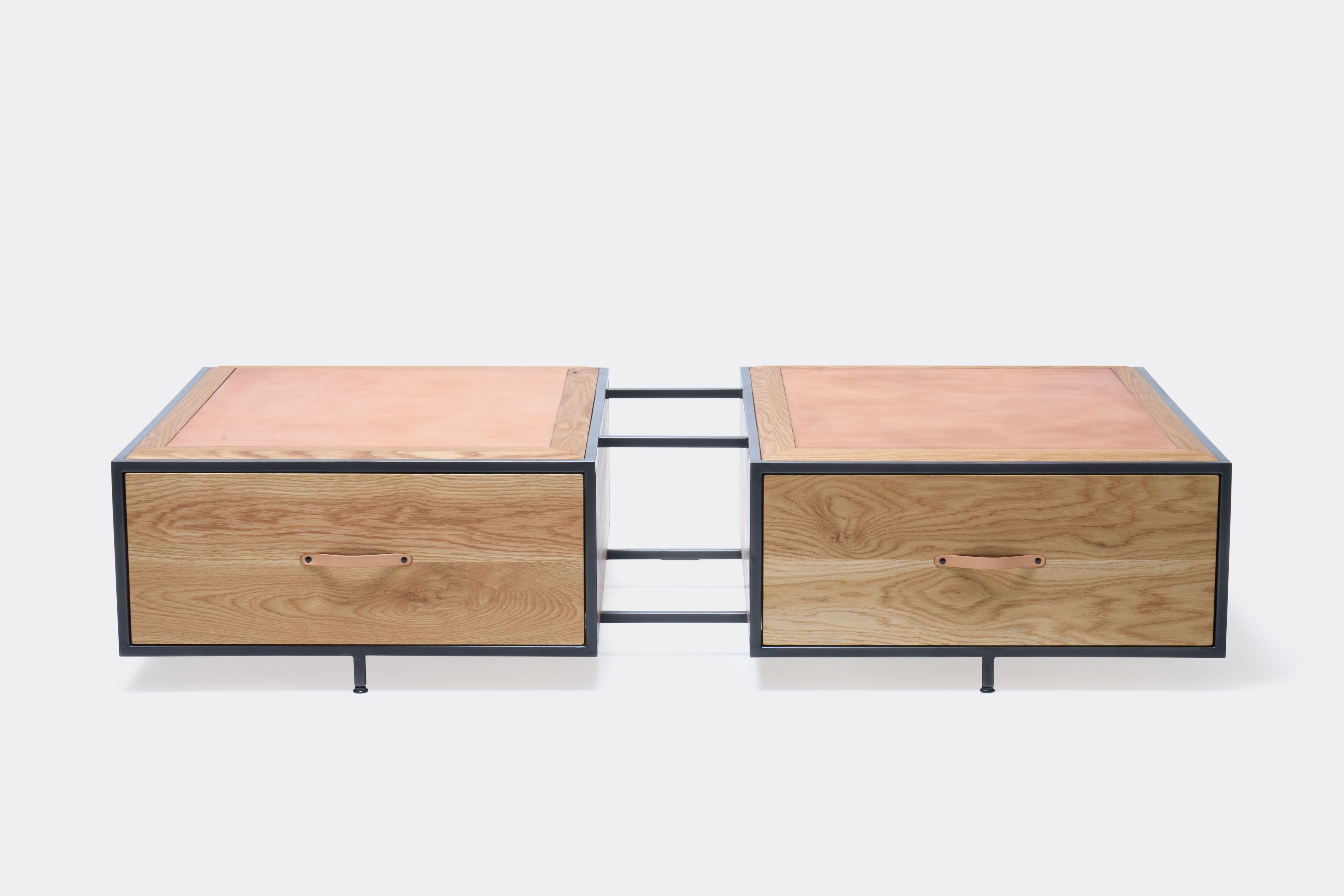 double display coffee table with white oak wood, blackened steel metal and leather top