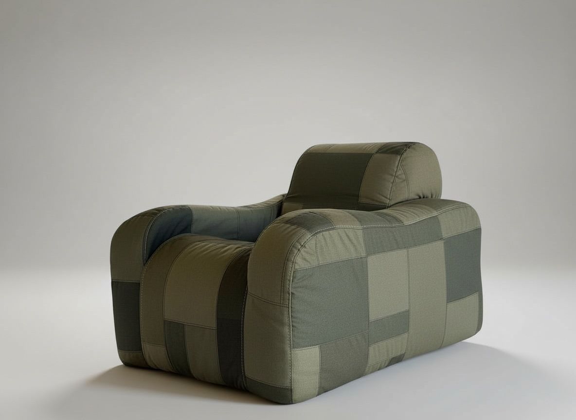 A plush armchair upholstered in a patchwork of green and olive fabric squares.