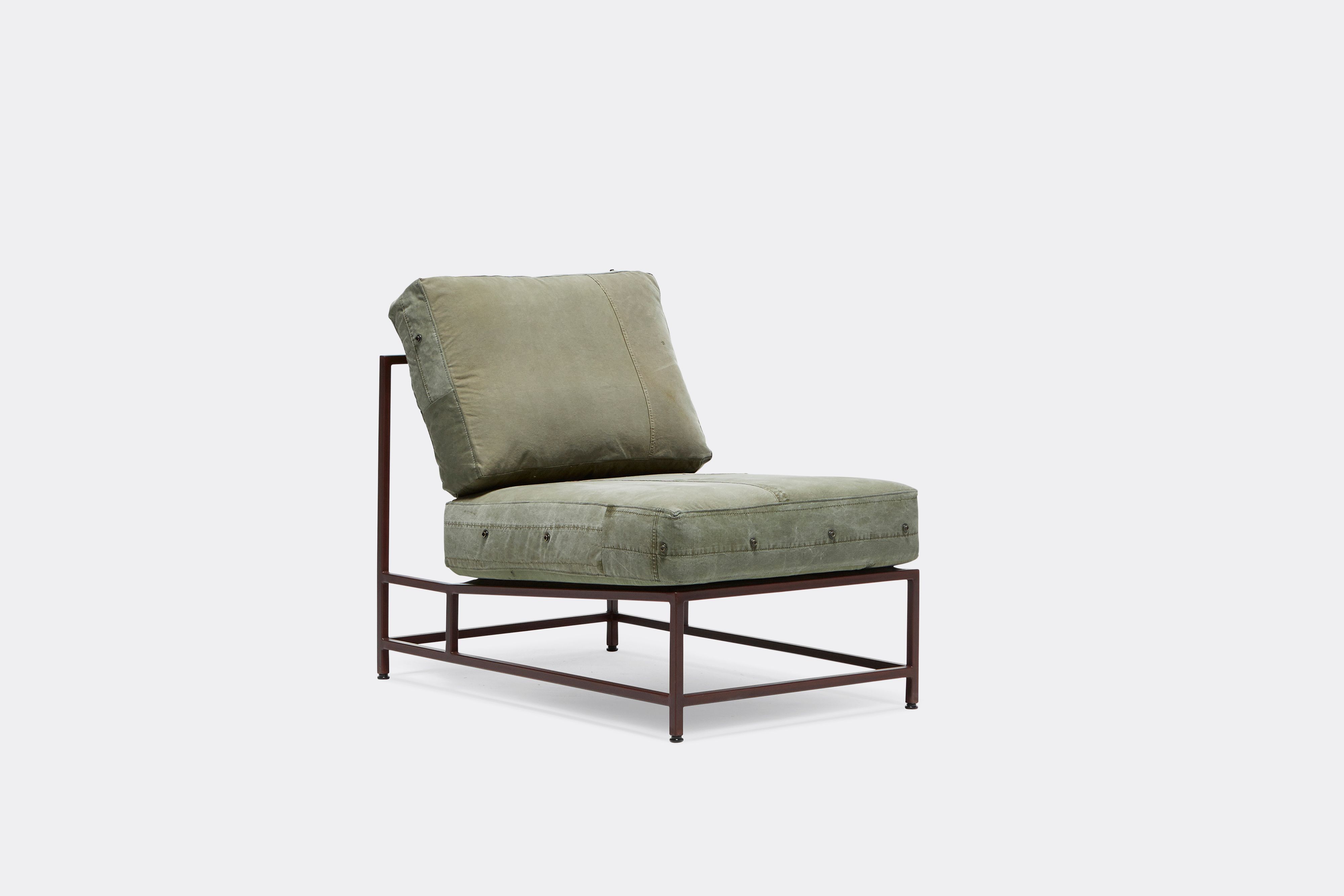front view of military canvas chair with marbled rust frame