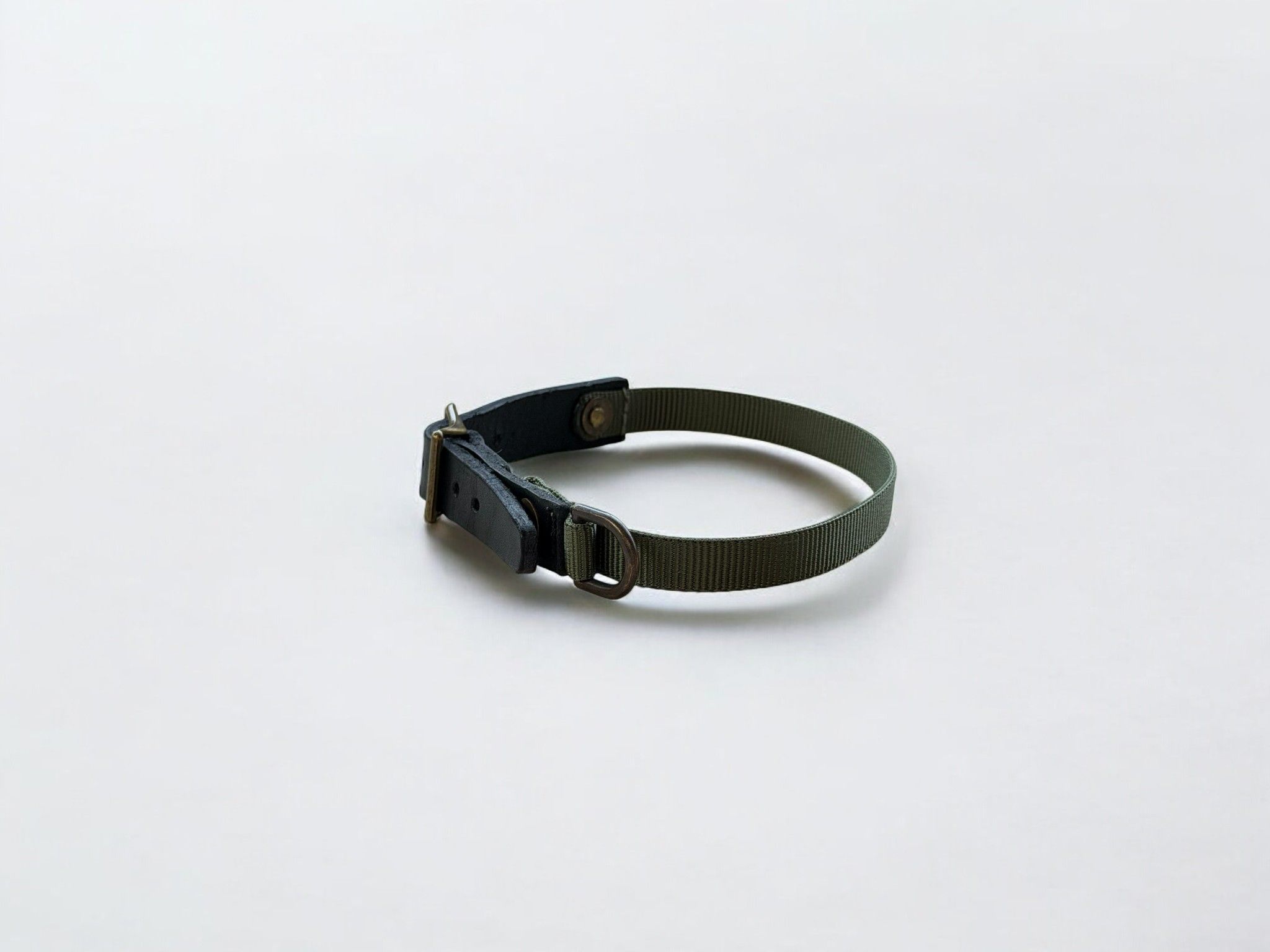 Olive green dog collar with black leather and brass hardware.