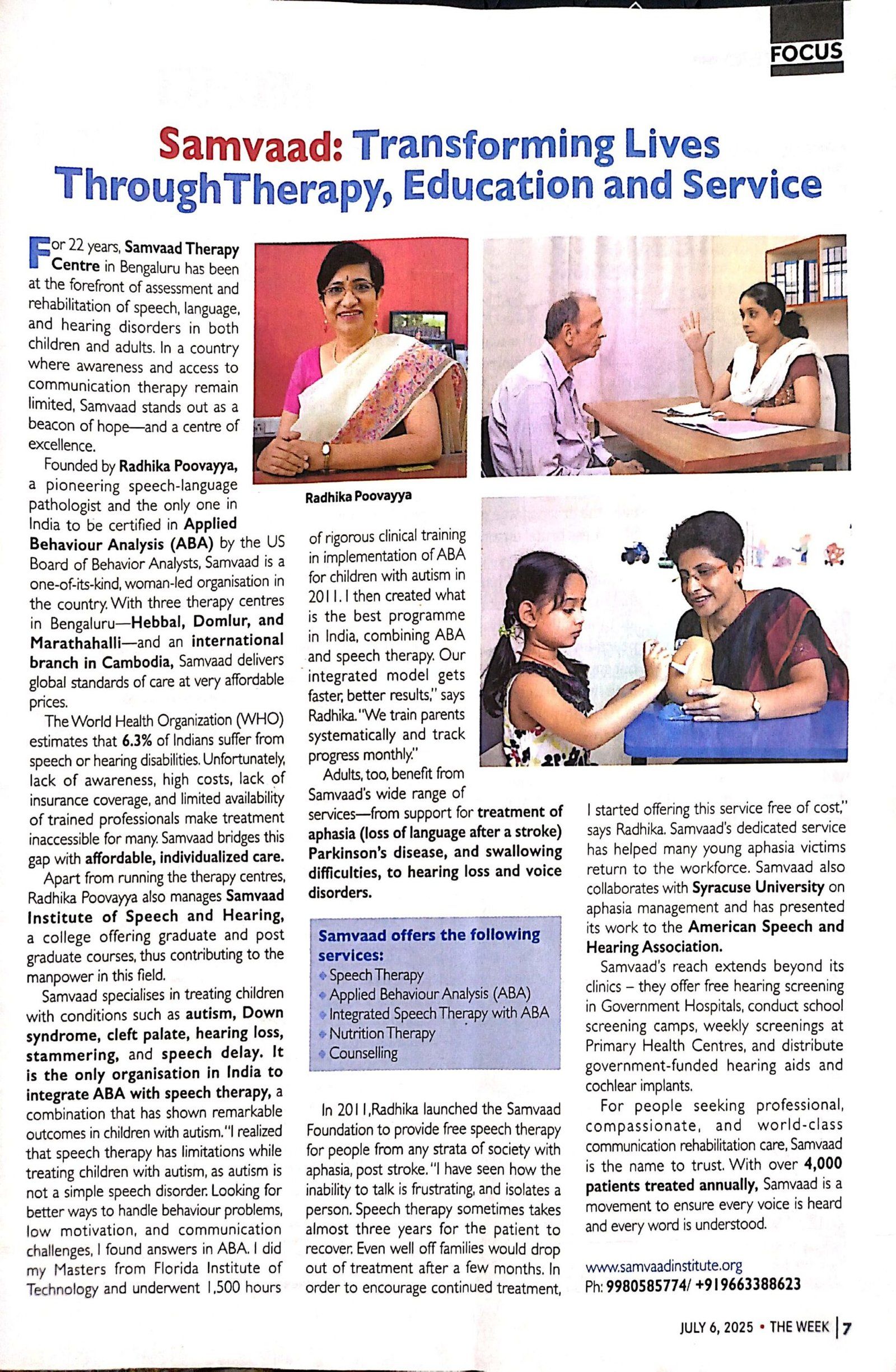 An Article on Samvaad and our Director Ms. Radhika Poovayya was published in The Week maga…