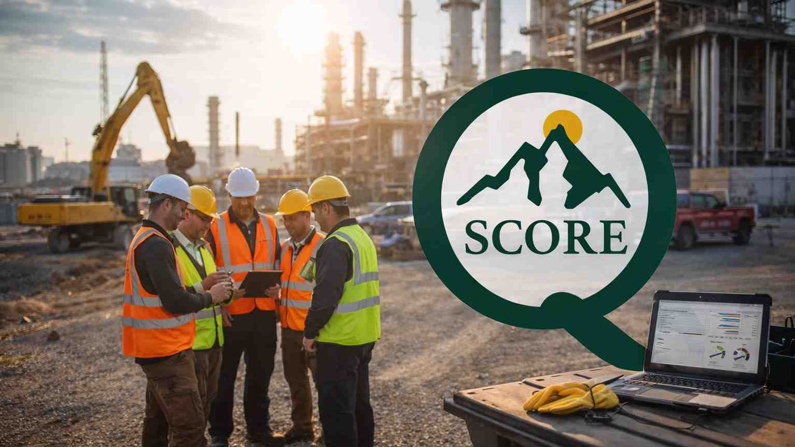 Construction site teamwork at sunset