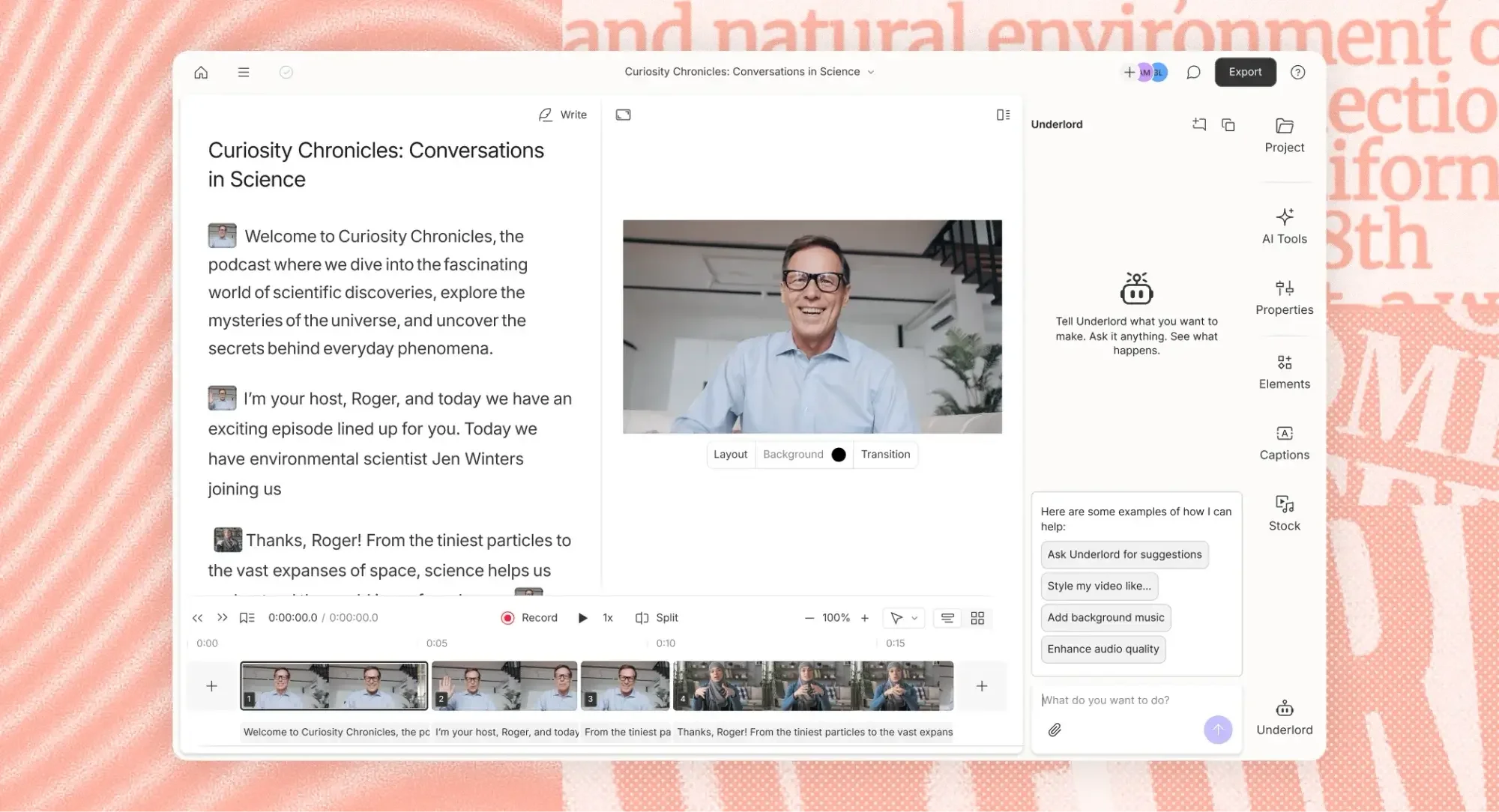 Descript text-based video editing interface with transcript panel