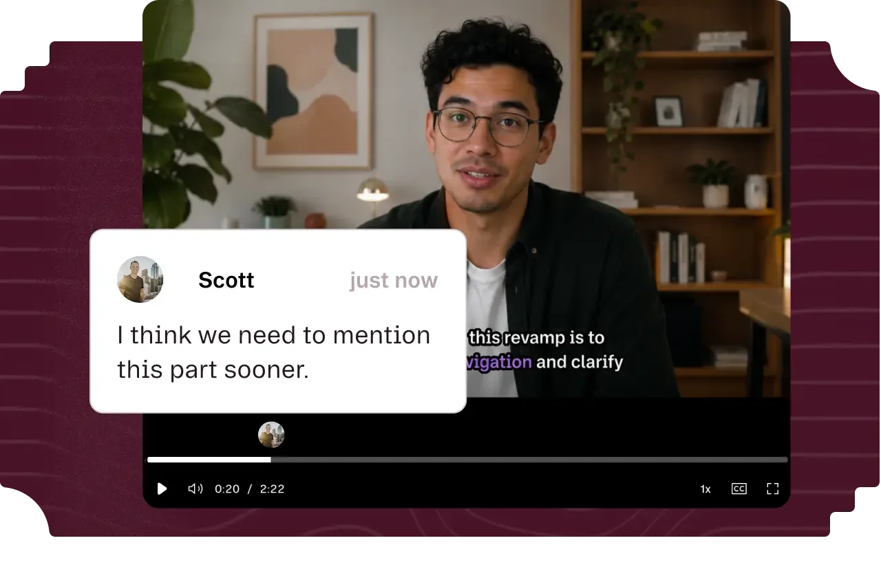 Official Descript image of a video player with a timestamped comment from Scott reading I think we need to mention this part sooner, over a playback bar