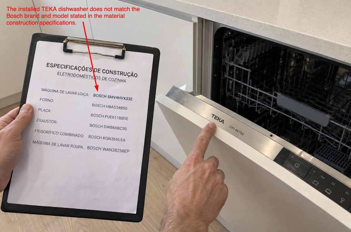 A hand holding the construction specification sheet, which lists a Bosch dishwasher, beside the dishwasher of a different make actually installed.