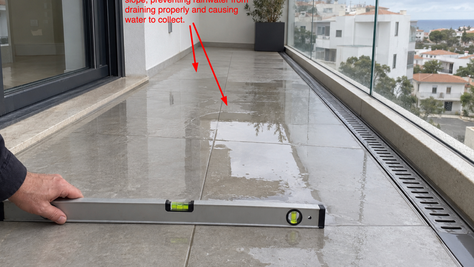 An inspector holding a spirit level on a balcony floor where rainwater has collected instead of draining away.