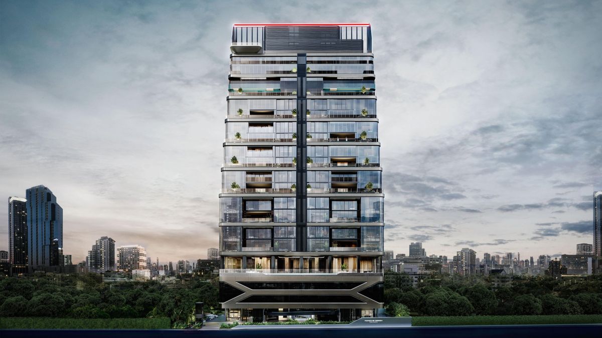 Architectural rendering of Porsche Design Tower Bangkok, showing the proposed facade, terraces and X-Frame base.