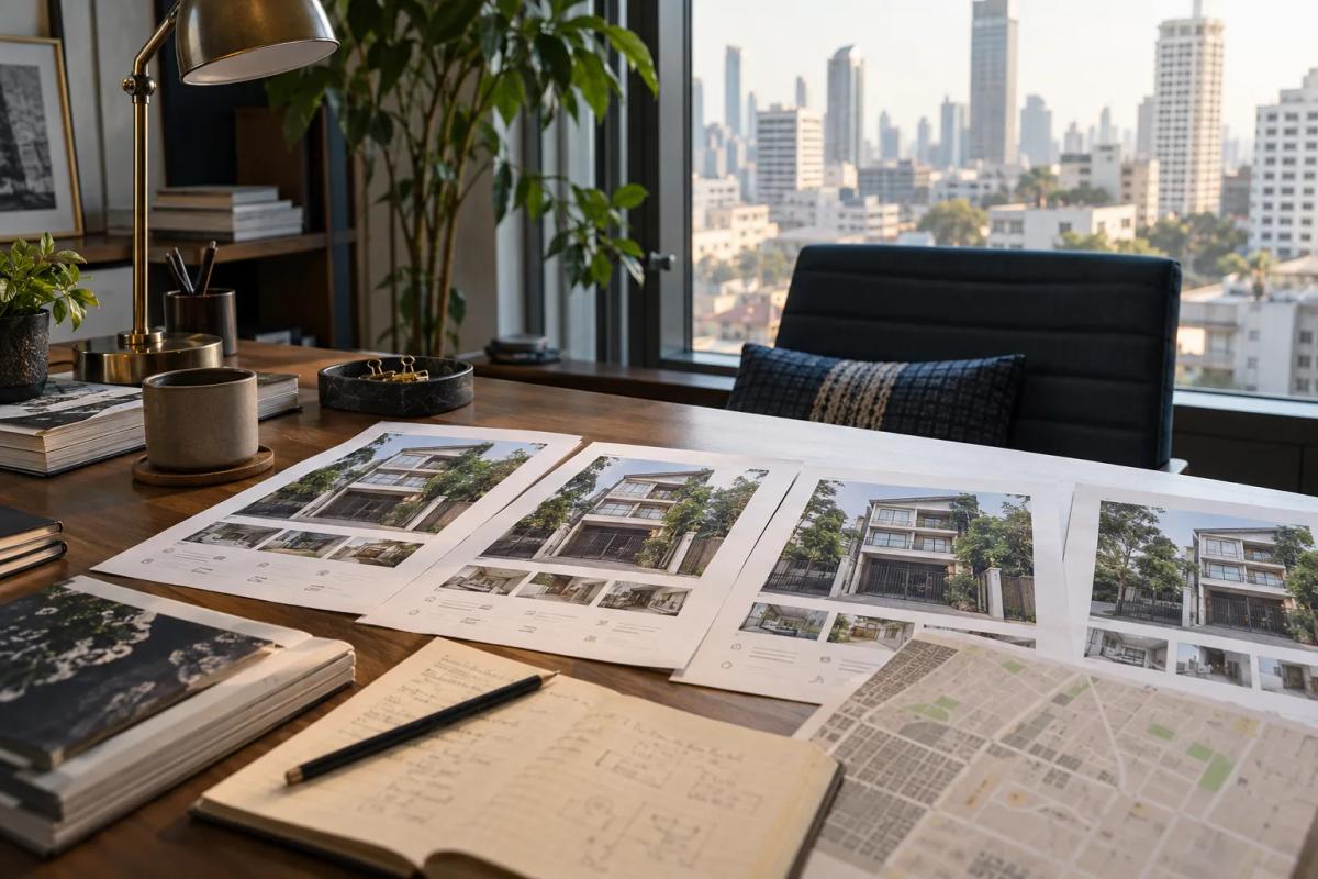 Printed listing sheets for the same Bangkok townhouse being compared on a desk.