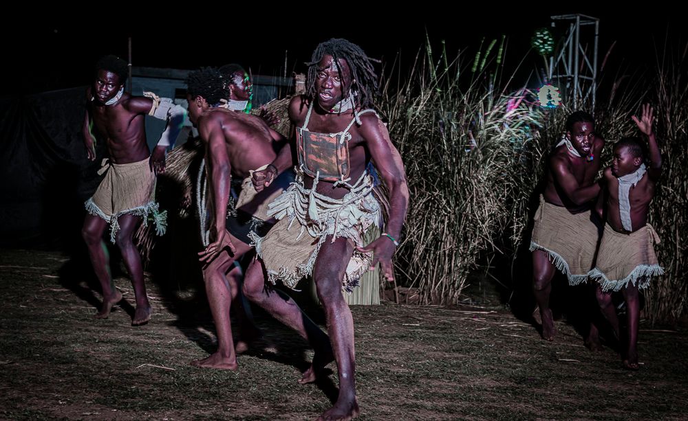 Dancers performing The Legend of the Spear and the Bead, a Batalo East dance theatre production in Gulu, Uganda
