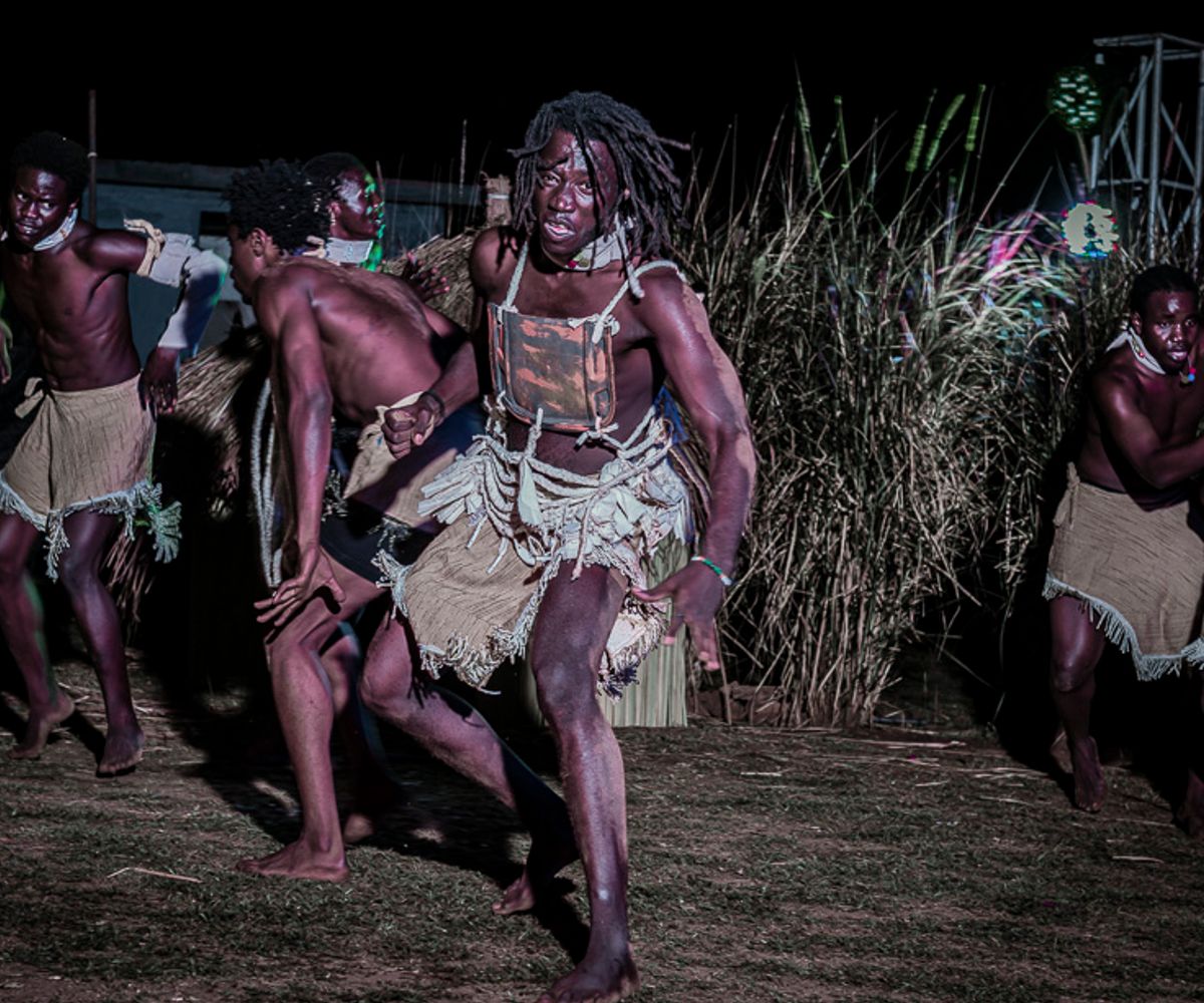 Dancers performing The Legend of the Spear and the Bead, a Batalo East dance theatre production in Gulu, Uganda