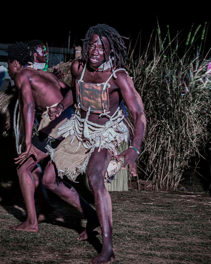 Dancers performing The Legend of the Spear and the Bead, a Batalo East dance theatre production in Gulu, Uganda