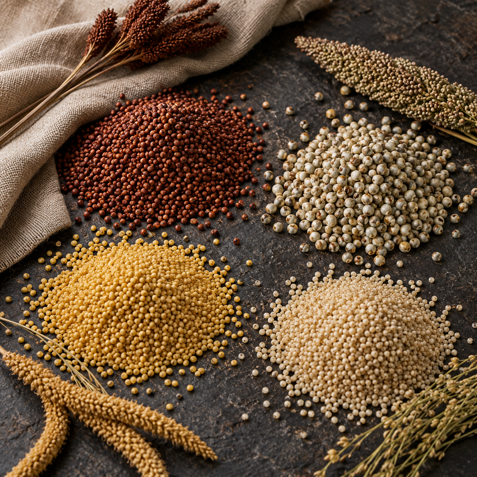 Assortment of traditional Indian millets representing Navora's developing range.