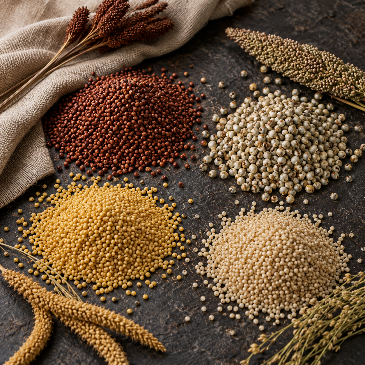 Assortment of traditional Indian millets representing Navora's developing range.