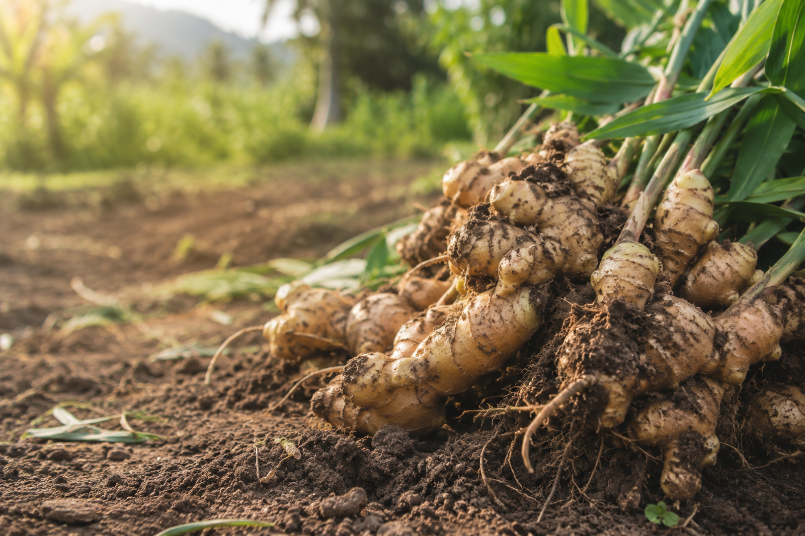 Fresh ginger rhizomes with soil, photographed on a farm