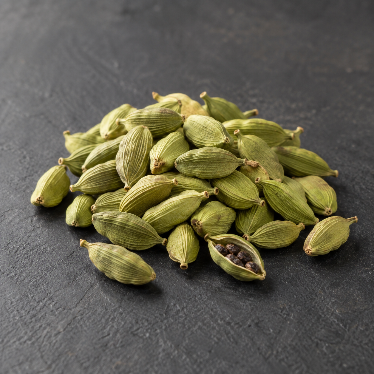 Whole green cardamom pods on a dark slate surface