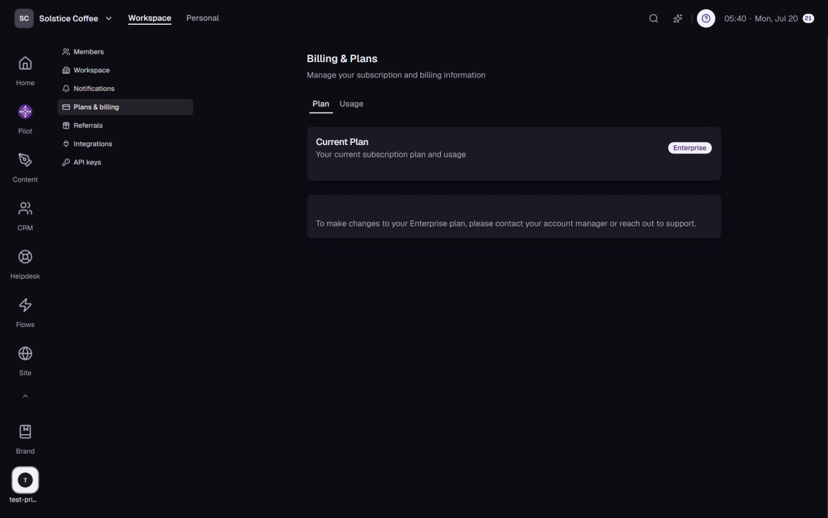 The Billing settings page with your plan and usage.
