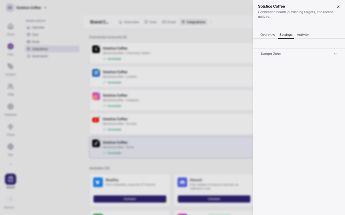 The TikTok channel drawer in Brand → Integrations, open on the Settings tab.