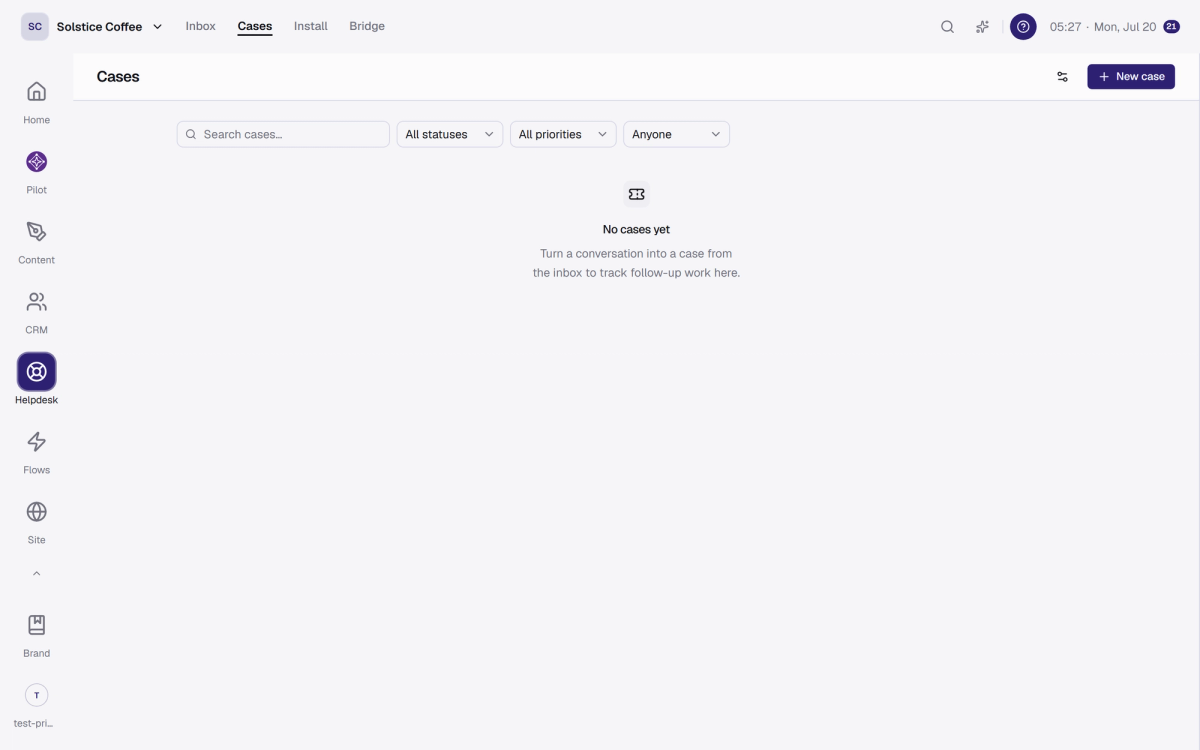The Helpdesk cases view with tracked cases and their statuses.
