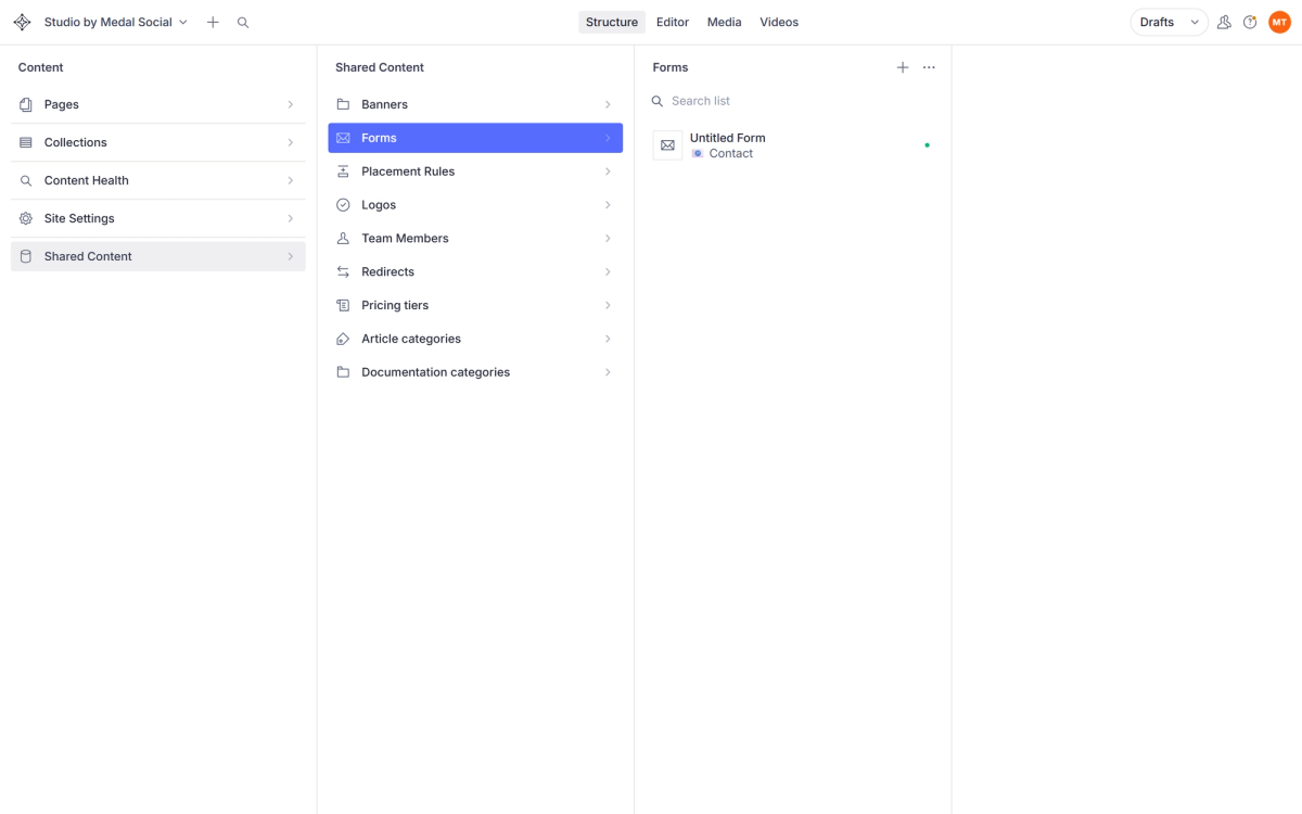 Shared Content → Forms: the forms your site pages can embed.